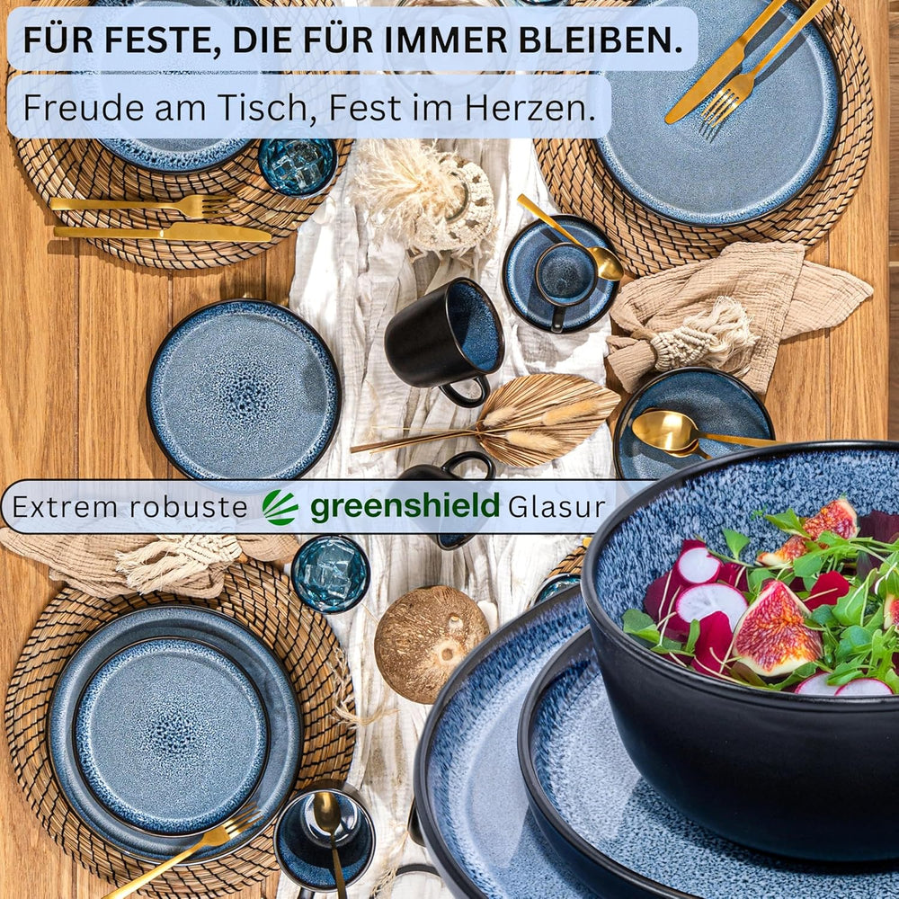 SÄNGER Aruba | Service de table en grès pour 6 personnes, 6 assiettes plates, 6 assiettes petit-déjeuner, 6 assiettes plates, 6 bols à pâtes, bleu avec bord noir | LA COLLECTION VALEUR