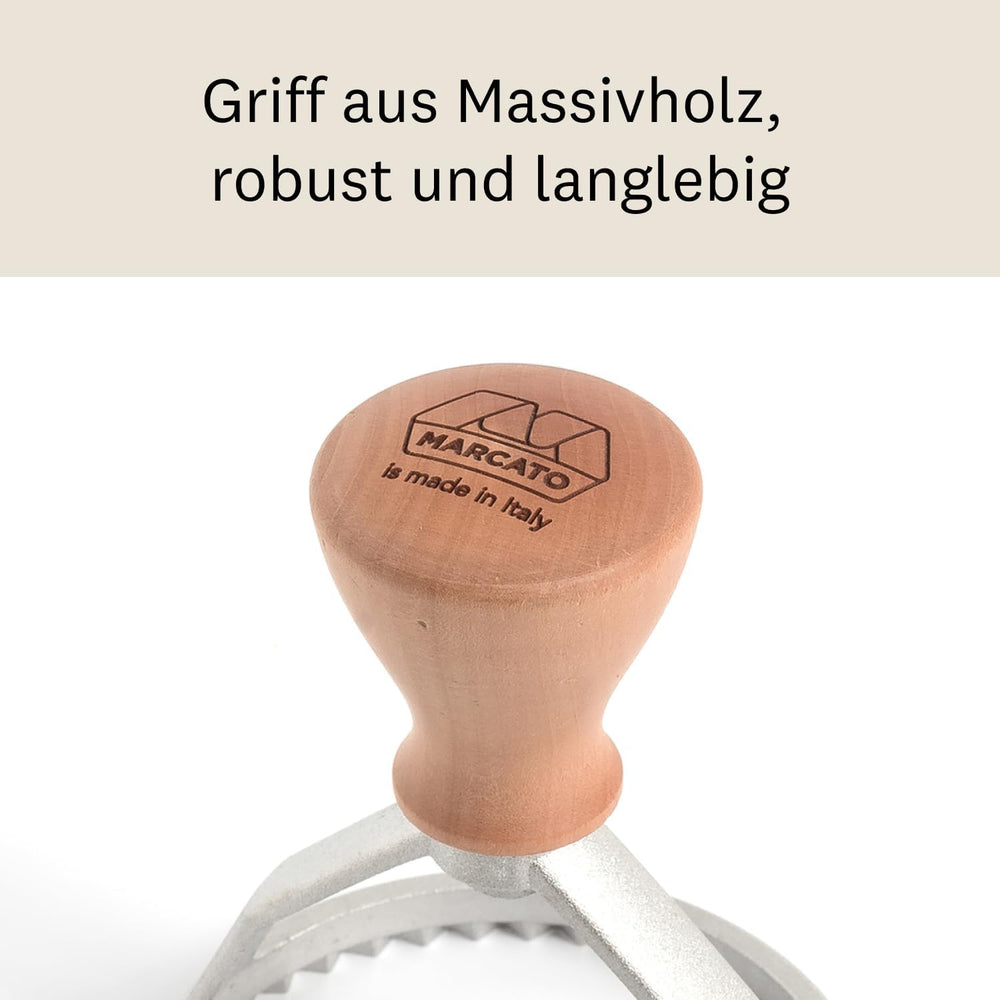 Marcato Machine à raviolis et biscuits, machine à raviolis, emporte-pièces, bois massif et fonte d'aluminium, fabriqué en Italie, tampon rond 80 mm