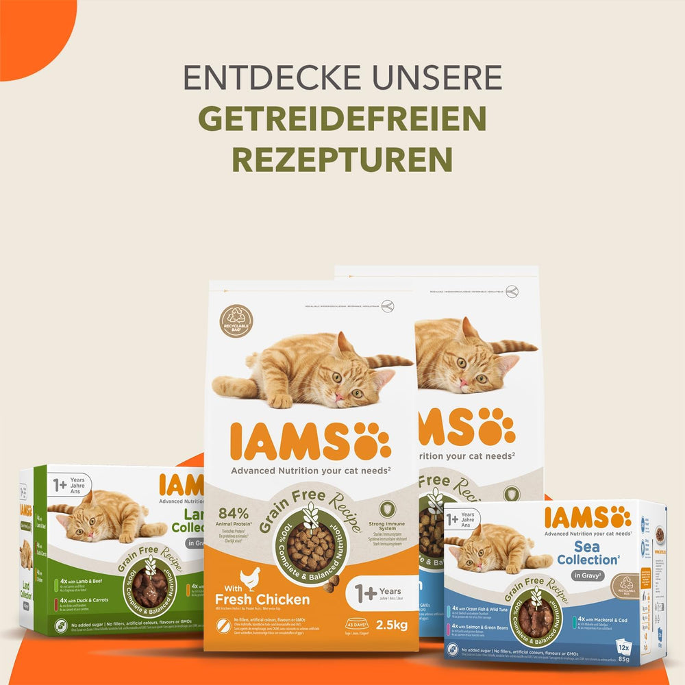 IAMS Delights Land Collection Nourriture humide pour chats sans céréales – Pack varié de viande Multi Pack Nourriture humide sans céréales pour chats de 1 an et plus 12 x 85 g