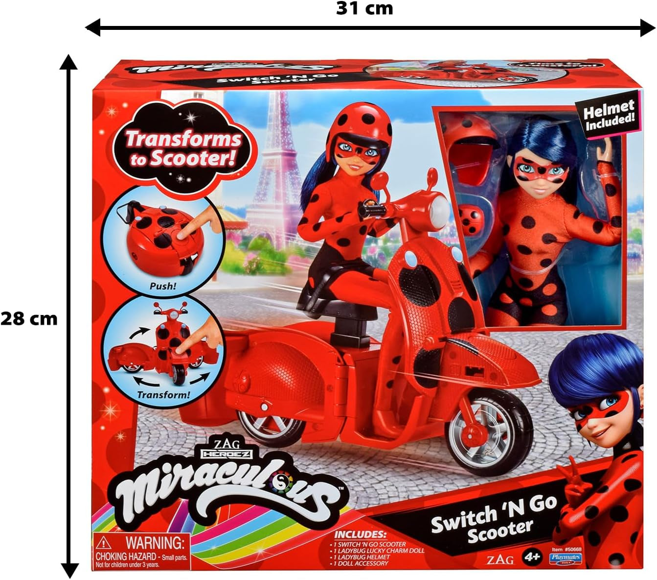 Bandai - Miraculous Ladybug - Scooter Miraculous Switch'n go + Gelenkpuppe Ladybug Lucky Charm 26 cm - P50668