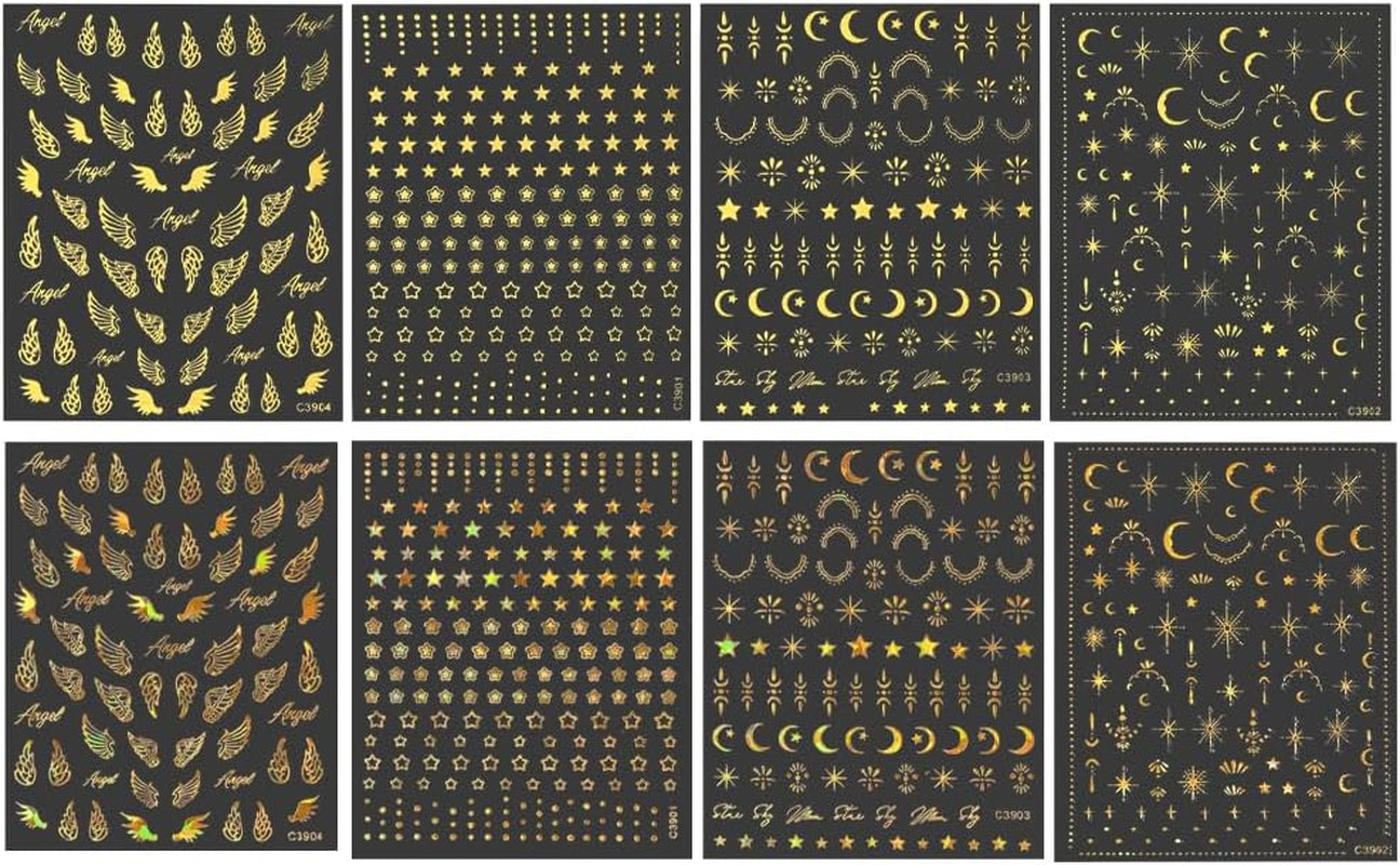 8 feuilles d'autocollants pour ongles dorés, lune et étoiles, ailes d'ange, autocollants pour ongles dorés, feuilles d'étoiles, autocollants pour ongles, accessoires de conception d'ongles, autocollants pour ongles