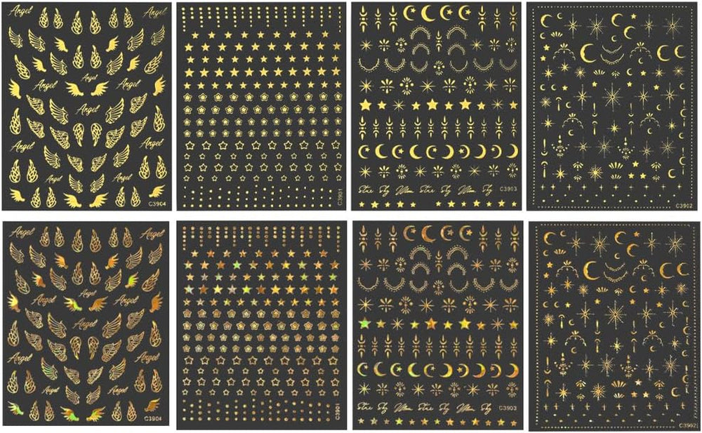 8 feuilles d'autocollants pour ongles dorés, lune et étoiles, ailes d'ange, autocollants pour ongles dorés, feuilles d'étoiles, autocollants pour ongles, accessoires de conception d'ongles, autocollants pour ongles