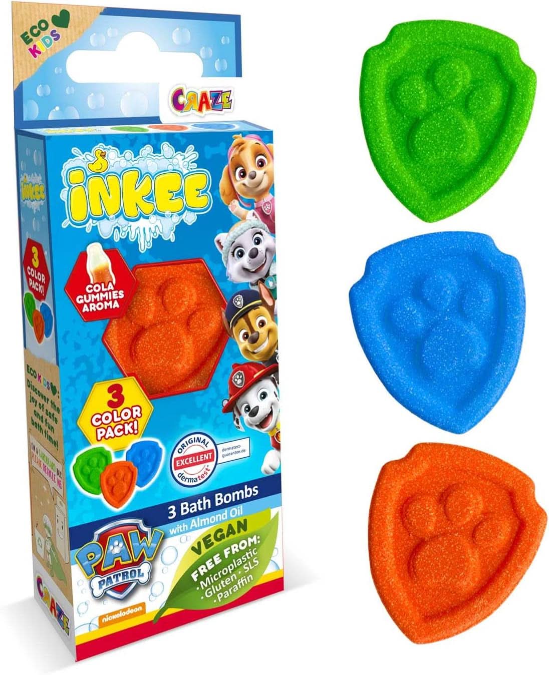INKEE SURPRISE PAW PATROL, Bombe de bain pour enfants avec surprise, saveur cola, effet mousse, 80 grammes Douche et bain Naty Shop Lot de 3 boules de bain Paw Patrol