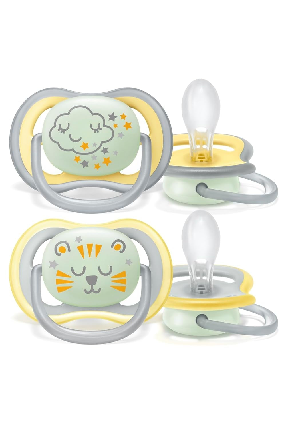 Philips AVENT Sucette de nuit Ultra Air pour bébés de 18 mois et plus qui brillent dans le noir, pack de deux nuages/tigre (modèle SCF376/01)
