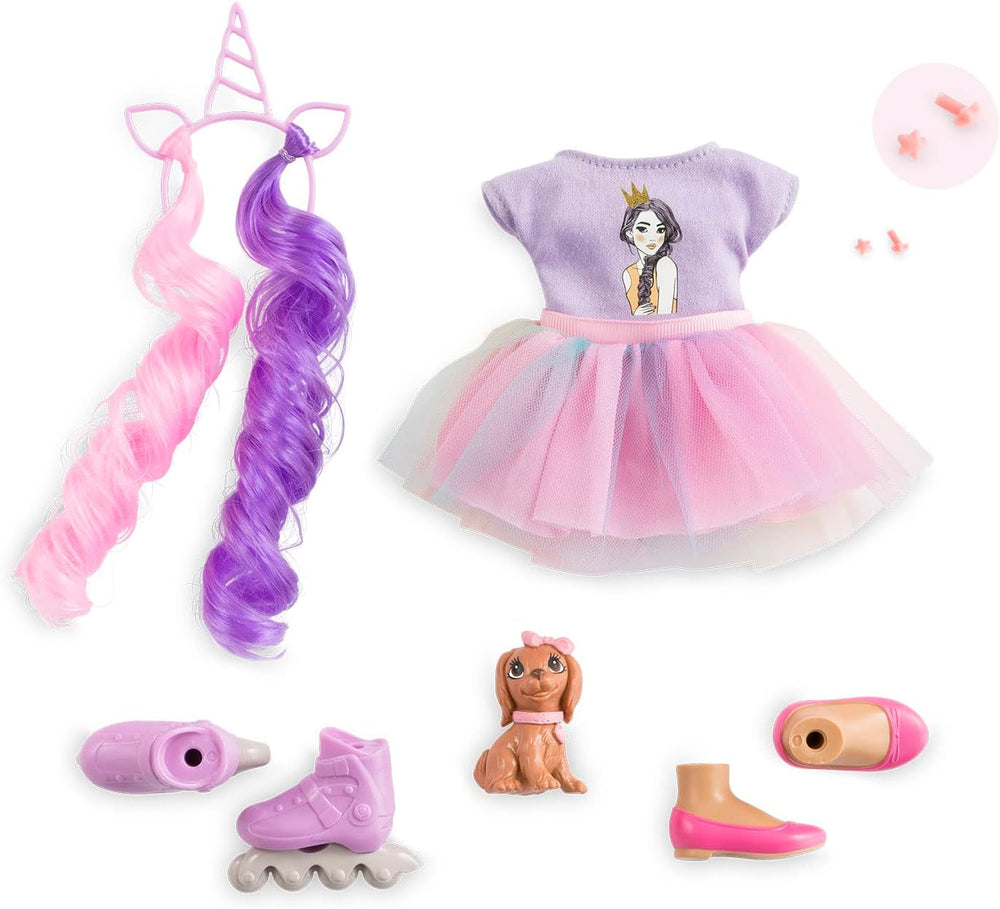 Corolle 9000600030 - Girls Luna Einhorn Set, Ankleidepuppe im Sommeroutfit mit Hund, mit Haarband, Ohrringe und extra Gummistiefel, 28cm Spielpuppe mit Vanilleduft, ab 4 Jahren