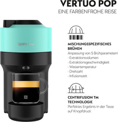 Machine à expresso avec capsules Nespresso Krups Vertuo Pop, capacité : 560 ml, reconnaissance automatique des capsules, système One Touch, 4 tailles de tasse, temps de chauffe raccourci, durable, Aqua Mint, XN9204