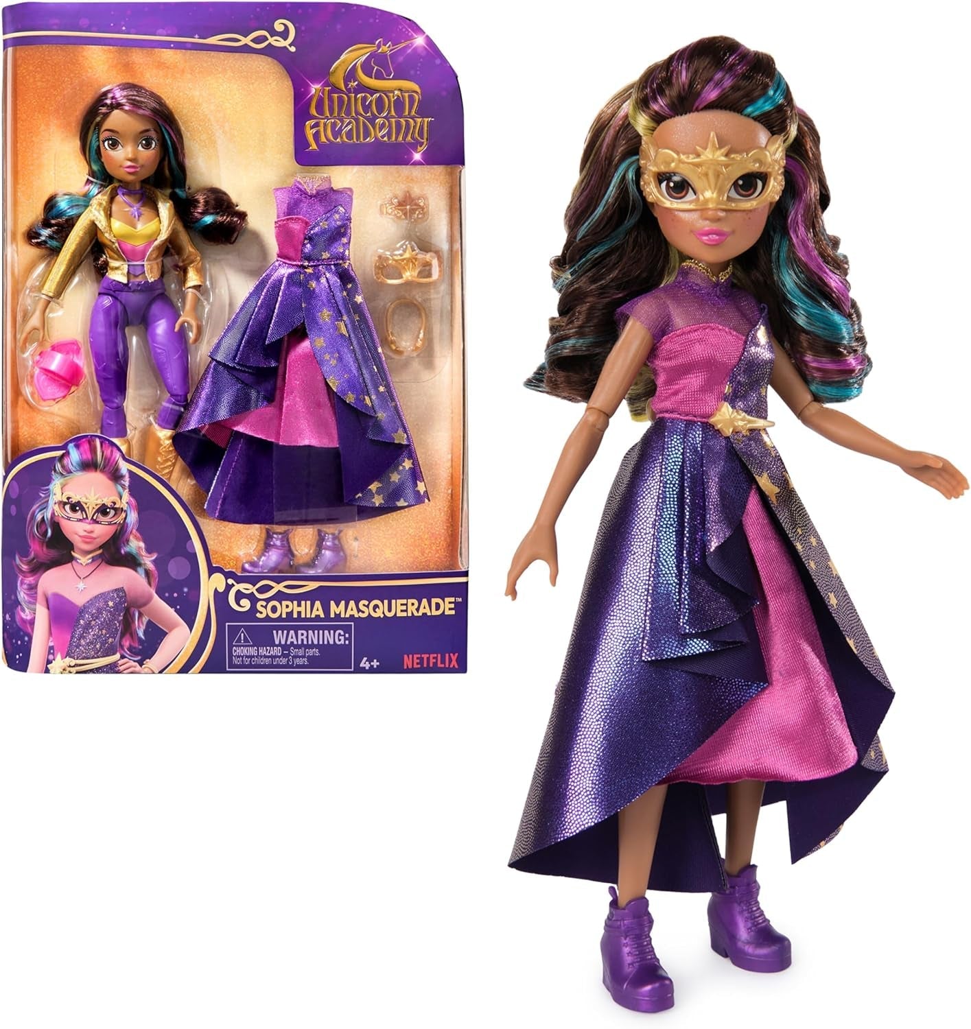 Unicorn Academy Deluxe Masked Ball Sophia - poupée de 24 cm de la populaire série Netflix avec 2 tenues, habillage classique et jeu de rôle, à partir de 4 ans Naty Shop Dolls Sophia Masked Ball