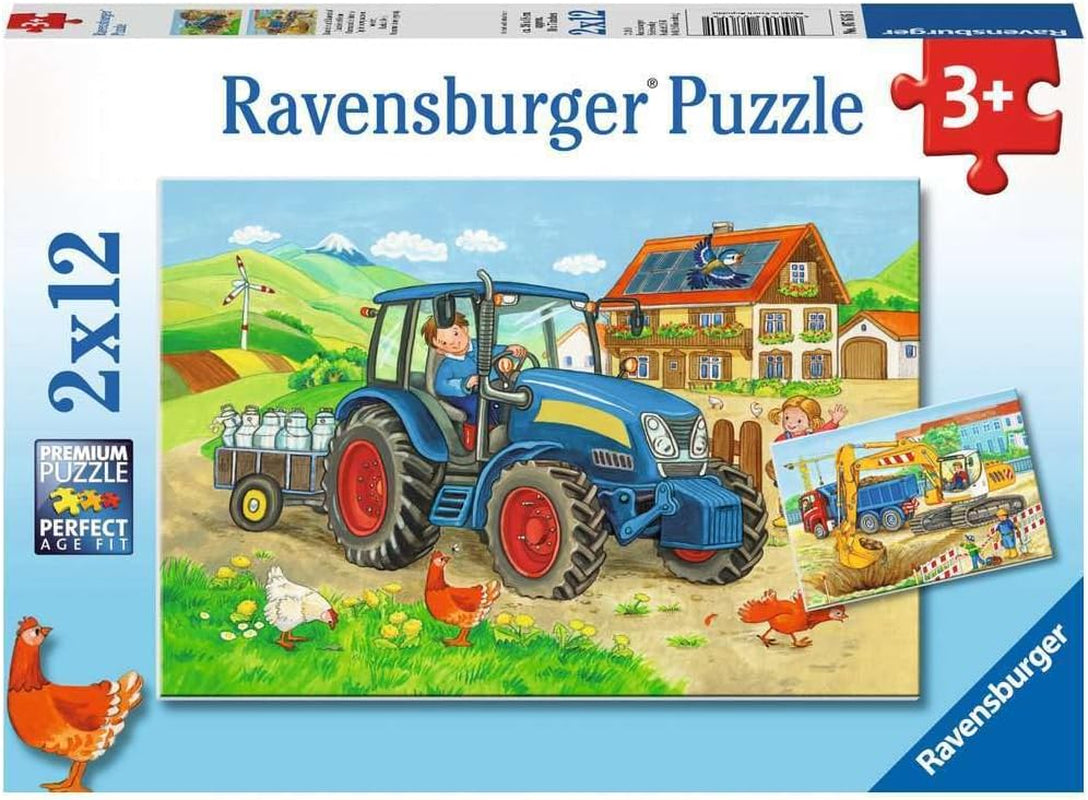 Ravensburger Puzzle pour Enfants - 07616 Chantier de Construction et Ferme - Puzzle pour 3+ Puzzle 2X12 pièces Naty Shop Single