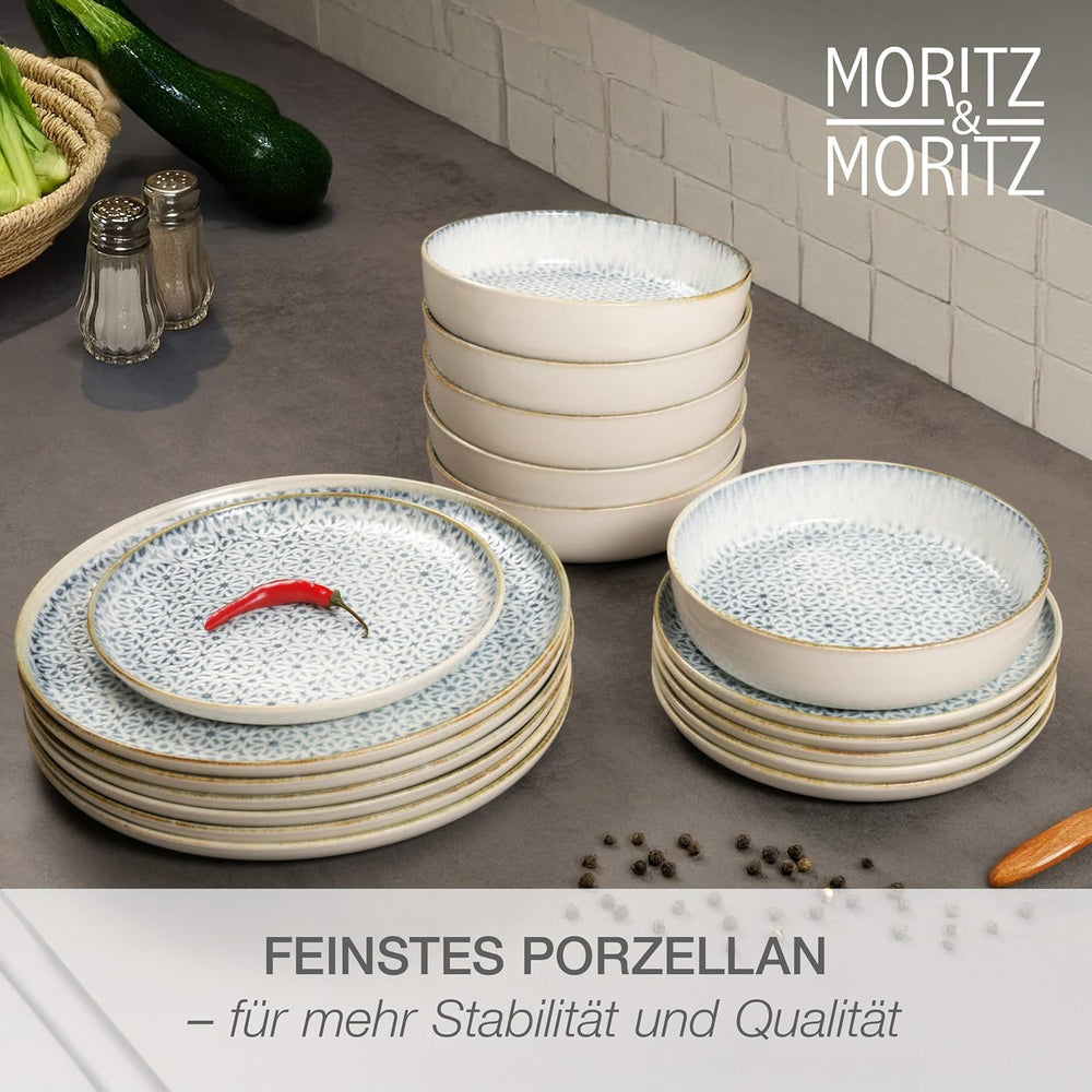 Moritz & Moritz ALHAMBRA Service de table pour 6 personnes, 18 pièces, porcelaine de haute qualité – Vaisselle bleue moderne – Service facile d'entretien comprenant 6 assiettes plates, 6 assiettes à dessert et 6 bols