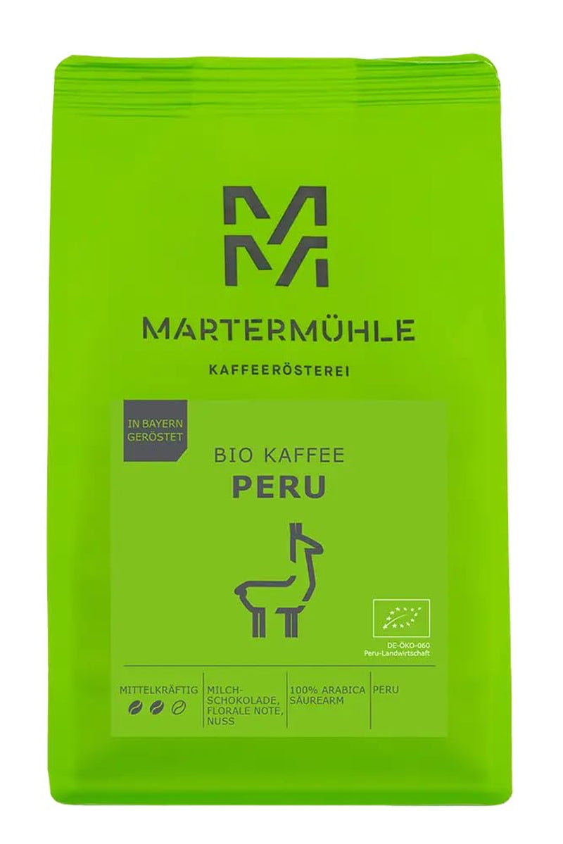 Martermühle Peru Bio Kaffeebohnen 1kg mittelkräftig I Arabica I Arôme : Chocolat au lait, Notes florales, Noix I Ganze Bio Kaffee-Bohnen schonend geröstet, säurearm