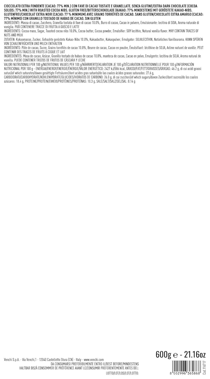 Venchi - Bar Maxi 77% Nibs, au chocolat extra noir, morceaux de fèves de cacao, 600 g, sans gluten, sans colorants et sans conservateurs