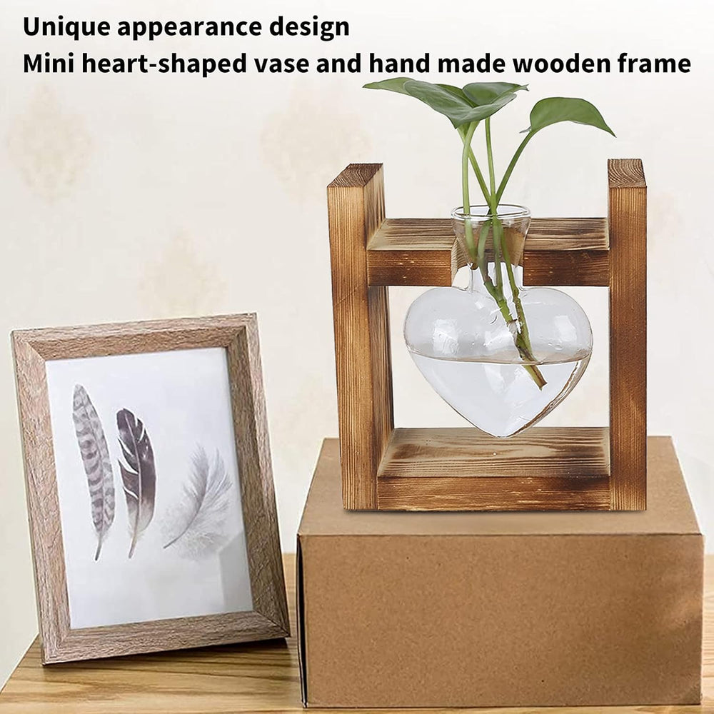 Terrarium de plantes sur support en bois, vase de table en forme de cœur, plantes hydroponiques en verre transparent pour la décoration de jardin de la maison, décoration florale hydroponique pour bureau, salon, cuisine (A)
