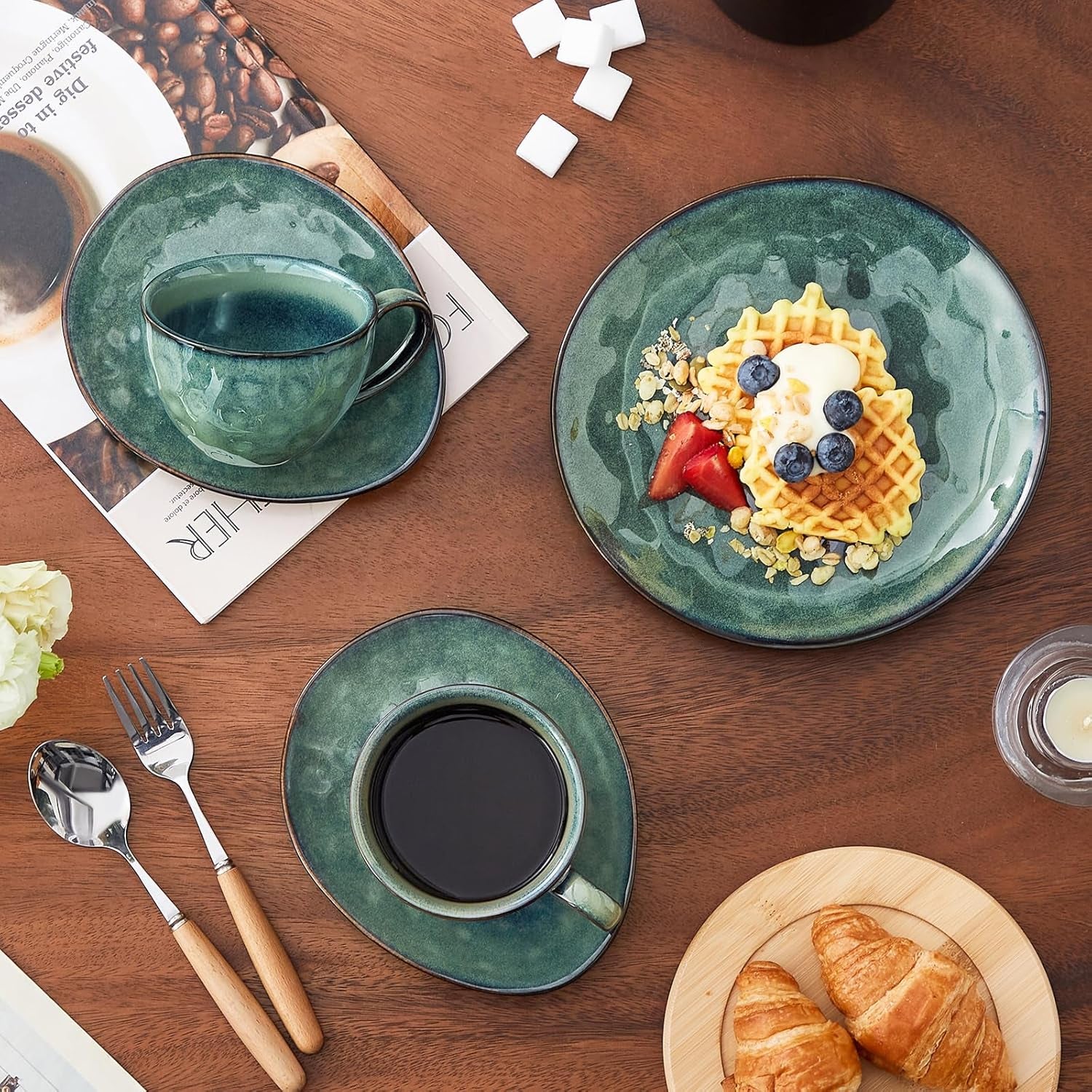 Service à café en grès Vancasso STARRY, service à café 12 pièces pour 4 personnes, comprenant des tasses à café et des soucoupes, look vintage