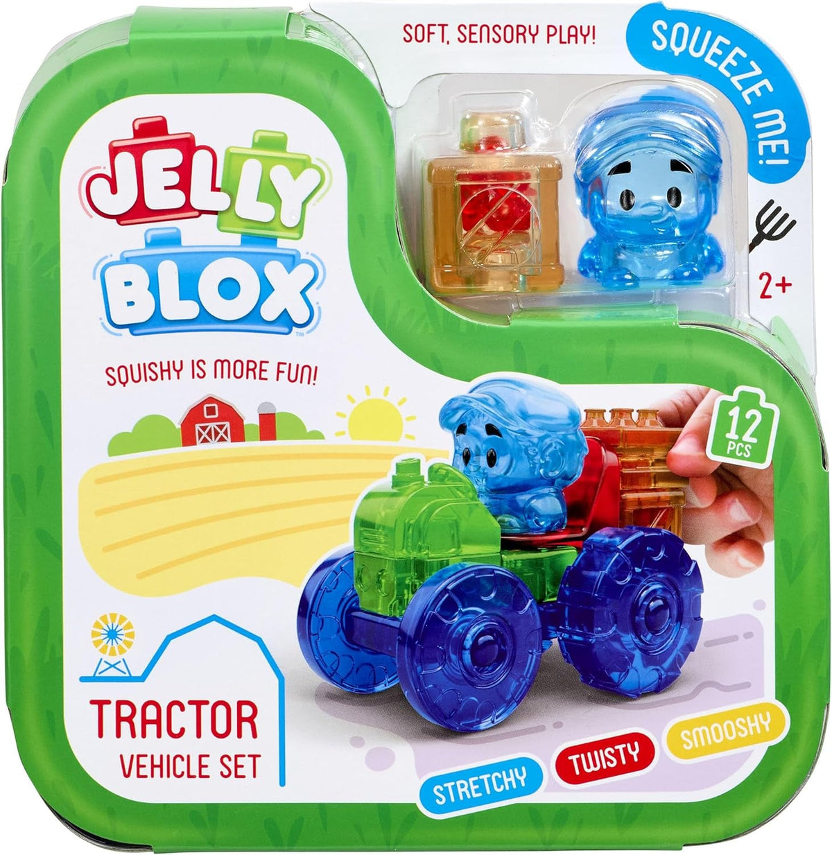 Jelly Blox - Traktor-Set, 12 taktile weiche Bausteine, Spiel mit Traktor und Bauer, Sinnesbaukasten für Kinder ab 2 Jahren, ausziehbare und Flexible Bausteine