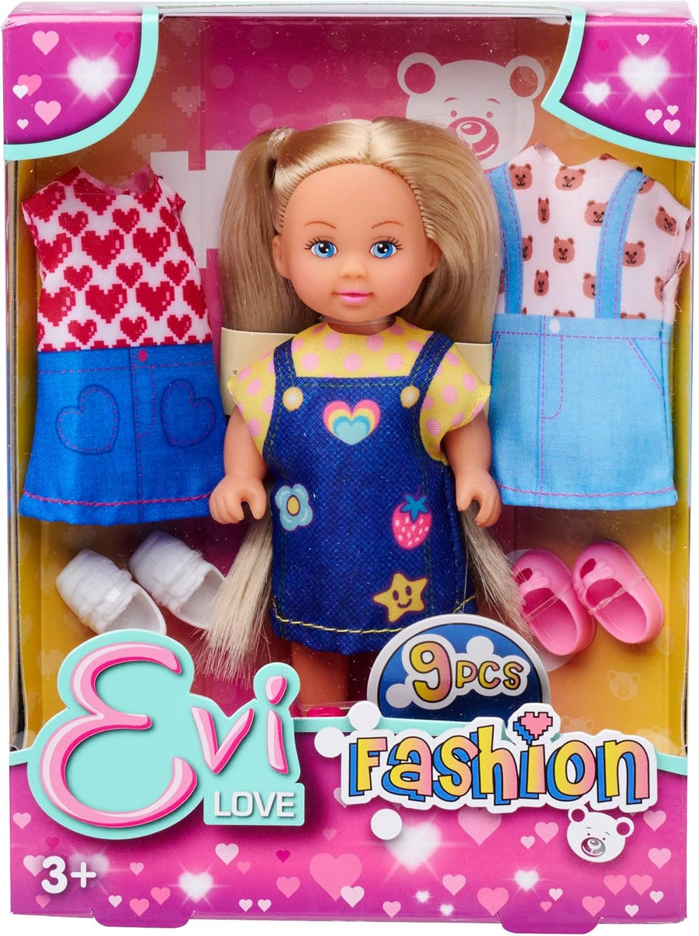 Poupée mannequin Simba Evi Love portant une jolie robe en jean, comprenant deux autres tenues avec d'adorables imprimés et des baskets, 12 cm, à partir de 3 ans