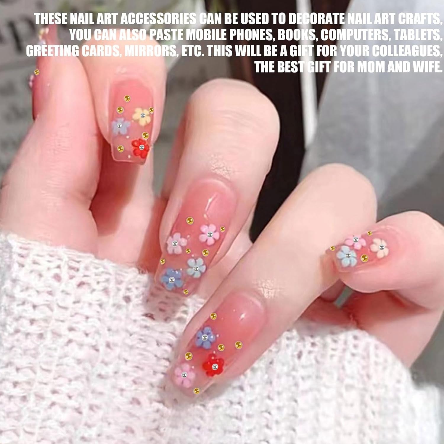 Breloques pour ongles en forme de fleur 3D, 12 grilles en résine acrylique, fleurs et perles dorées et argentées, pierres à ongles en gel, décorations d'ongles en fleurs pour femmes et filles, accessoires de manucure DIY