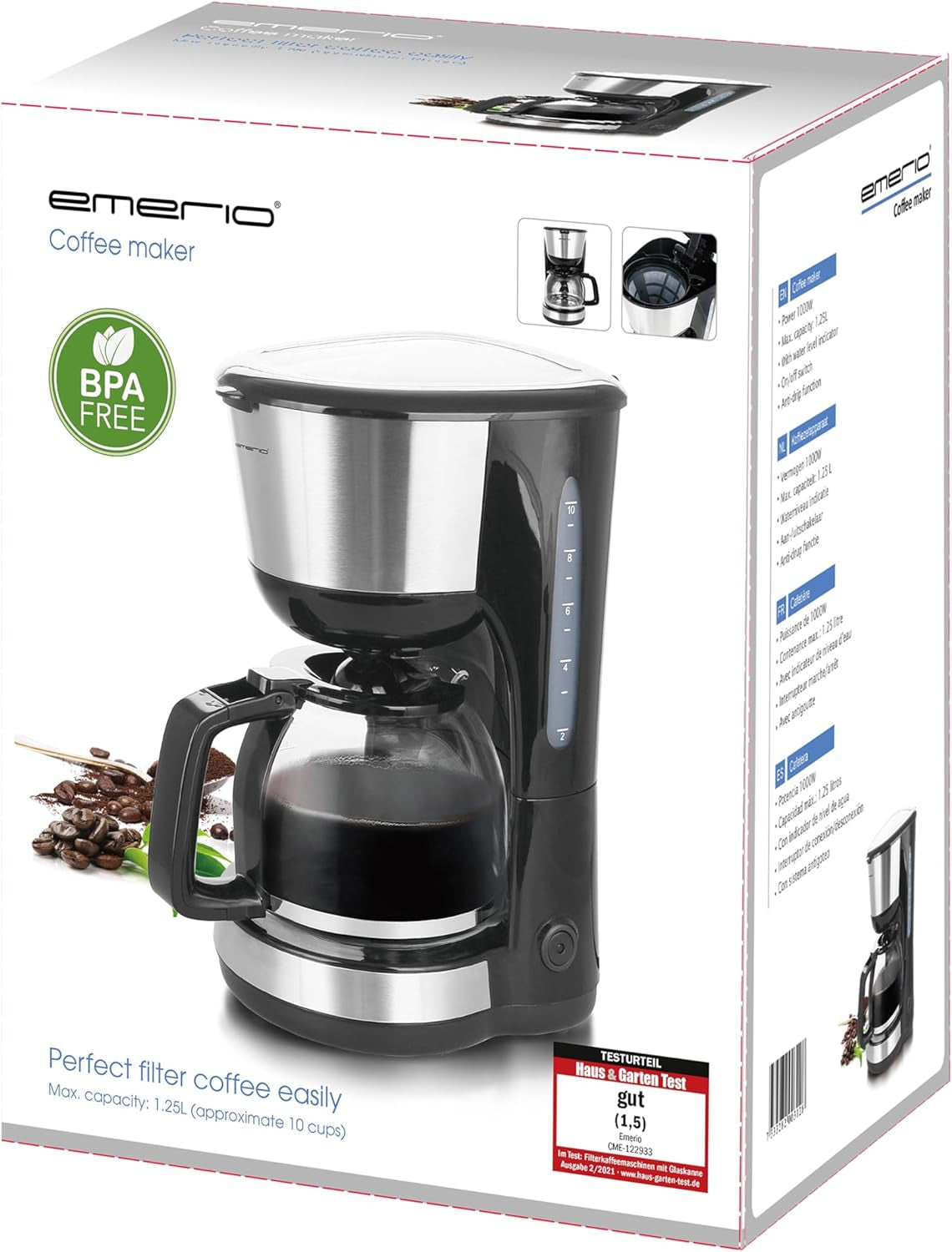 Emerio CME-122933, Cafetière filtre, 1,25 L pour jusqu'à 10 tasses de café frais, filtre amovible permanent, fonction anti-goutte, carafe en verre, arrêt automatique, 1000 watts, noir/argent