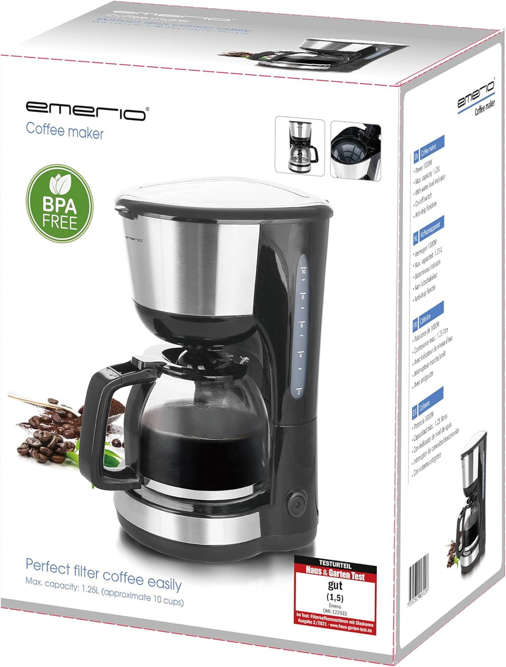 Emerio CME-122933, Cafetière filtre, 1,25 L pour jusqu'à 10 tasses de café frais, filtre amovible permanent, fonction anti-goutte, carafe en verre, arrêt automatique, 1000 watts, noir/argent