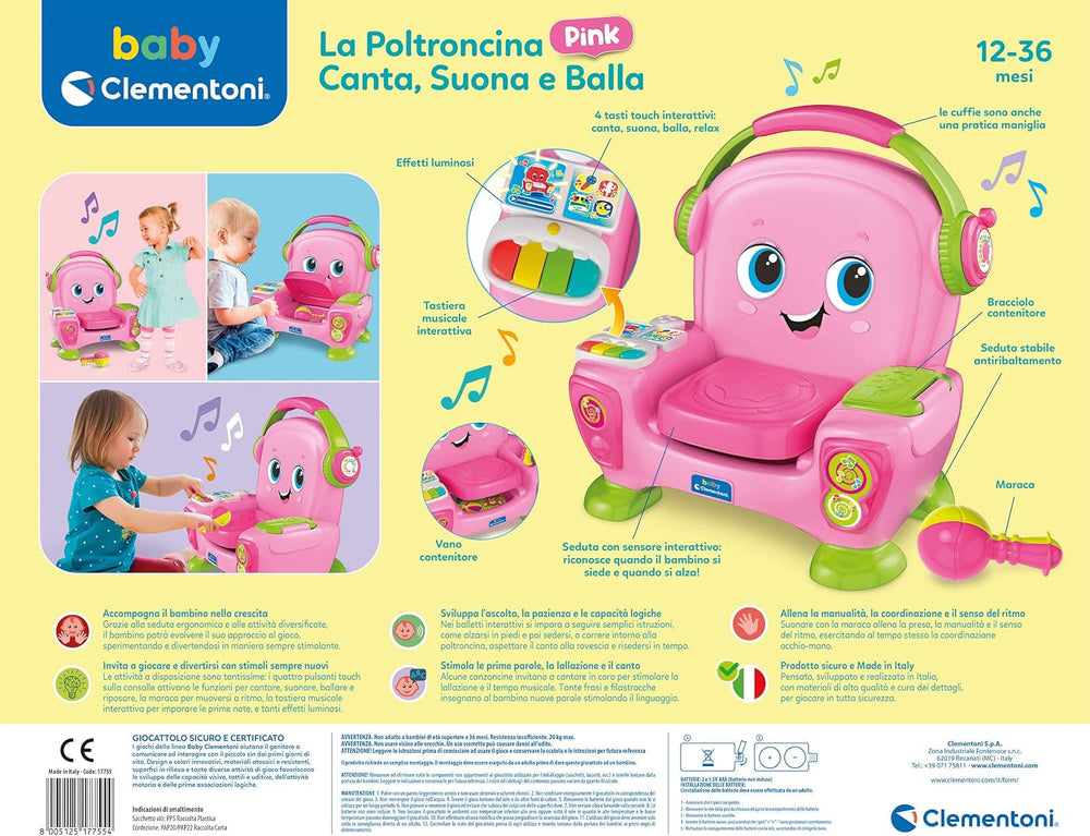 Clementoni 17755 Fauteuil chantant avec son et danse roses - fauteuil interactif et multifonctionnel pour enfants en italien, jouet 1 an - Made in Italy, multicolore Jouets Bebe Naty Shop