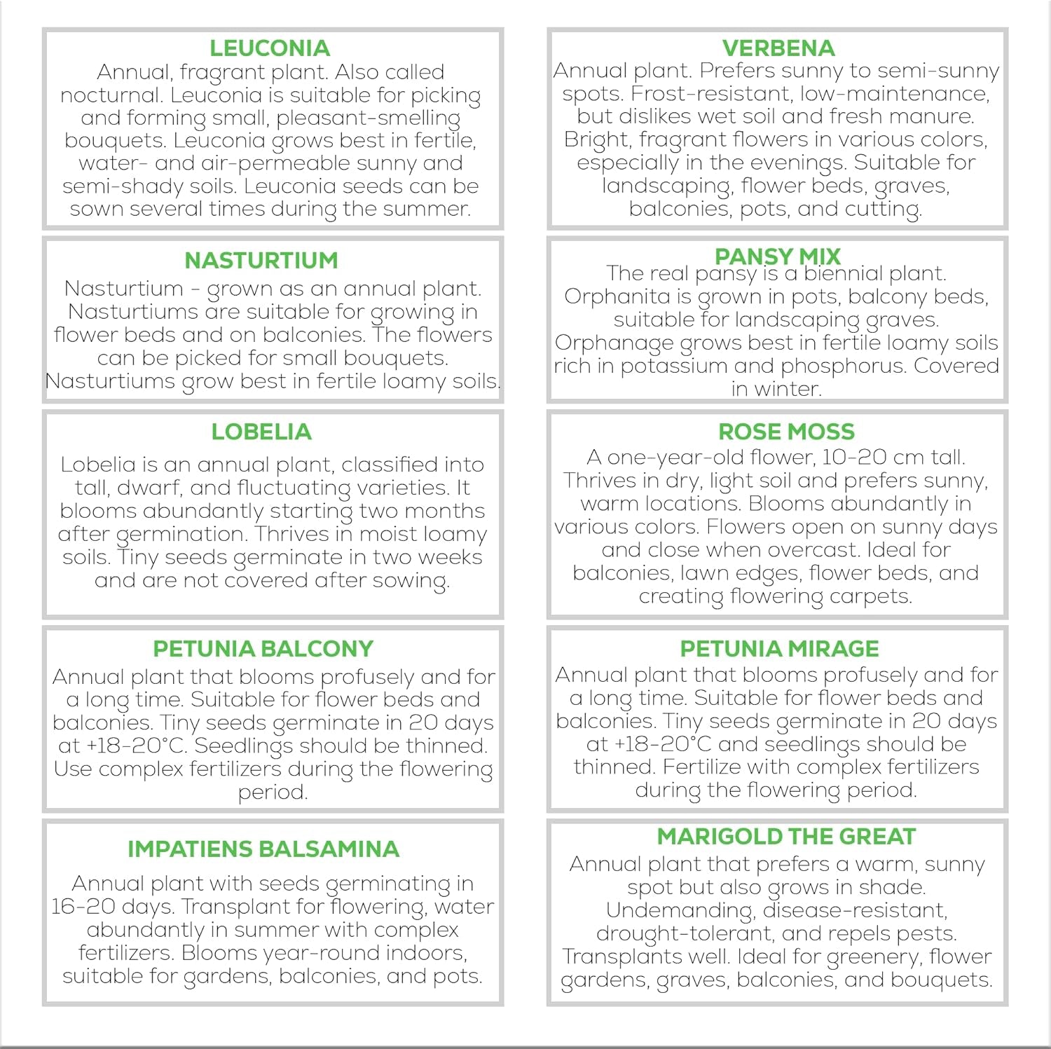 Nojus Lot de graines de fleurs – 10 variétés de graines de fleurs – Graines de fleurs de balcon – Graines de plantes colorées – 10 paquets – Graines de fleurs sauvages – Sachets de graines de fleurs – Cadeau idéal de graines de fleurs