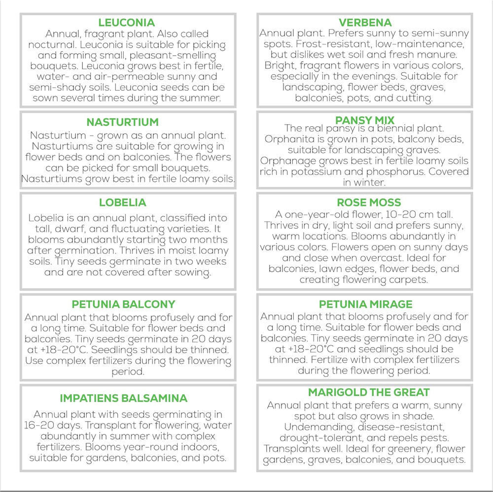 Nojus Lot de graines de fleurs – 10 variétés de graines de fleurs – Graines de fleurs de balcon – Graines de plantes colorées – 10 paquets – Graines de fleurs sauvages – Sachets de graines de fleurs – Cadeau idéal de graines de fleurs