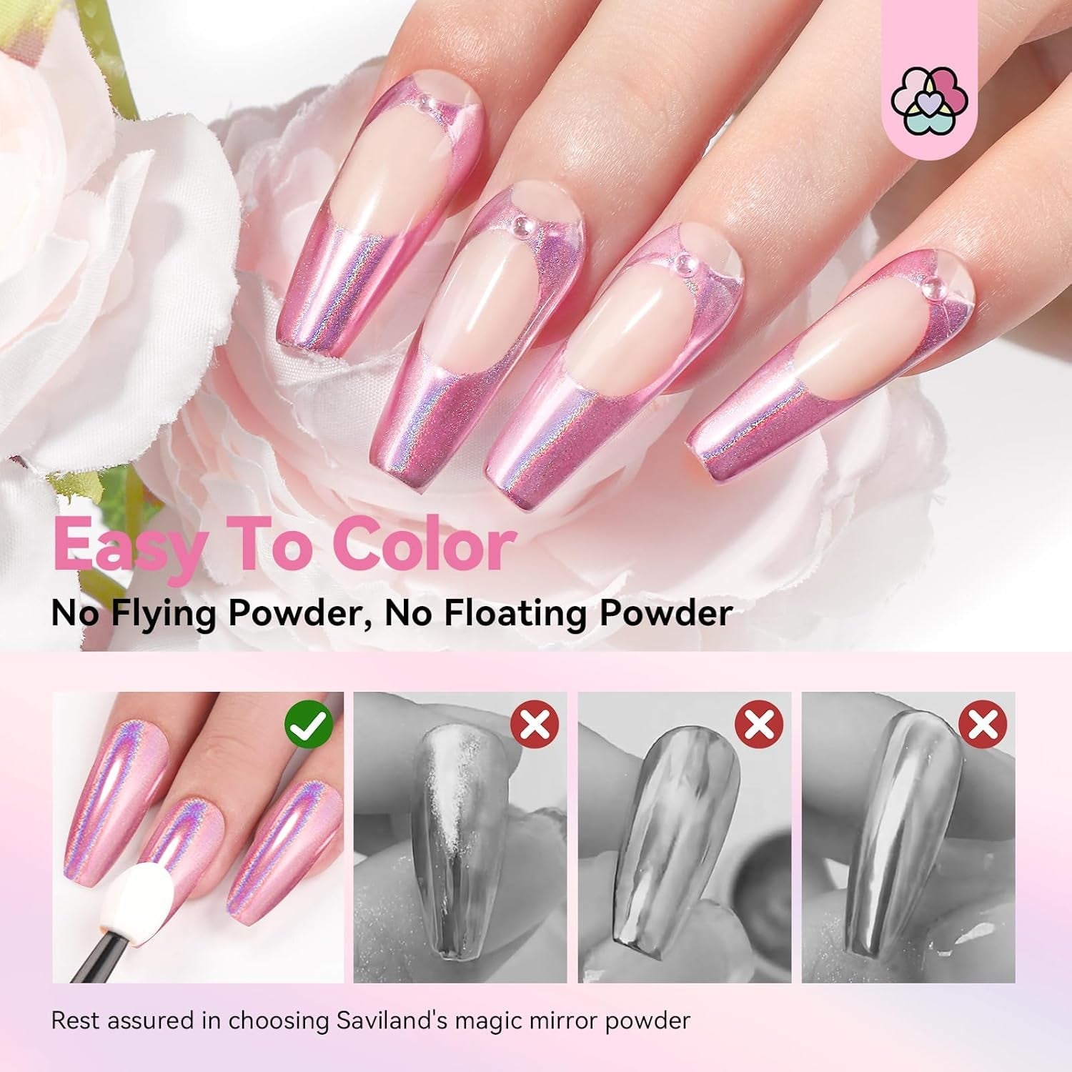 Saviland Chrome Nail Powder Set - Rose Laser Chrome Nail Powder Effet Miroir Laser Nail Art, Nail Glitter Manucure Poudre Décorative avec Bâtons Éponge, Nail Glitter Powder Nail Salon