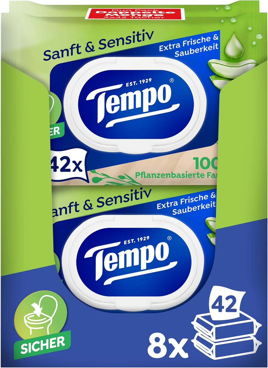 Lingettes humides Tempo ''Doux & Sensibles'' - Megapack - 16 paquets de 42 lingettes chacun - Duo Packs - Aloe Vera Naturel - Papier hygiénique, testé dermatologiquement, neutre pour la peau