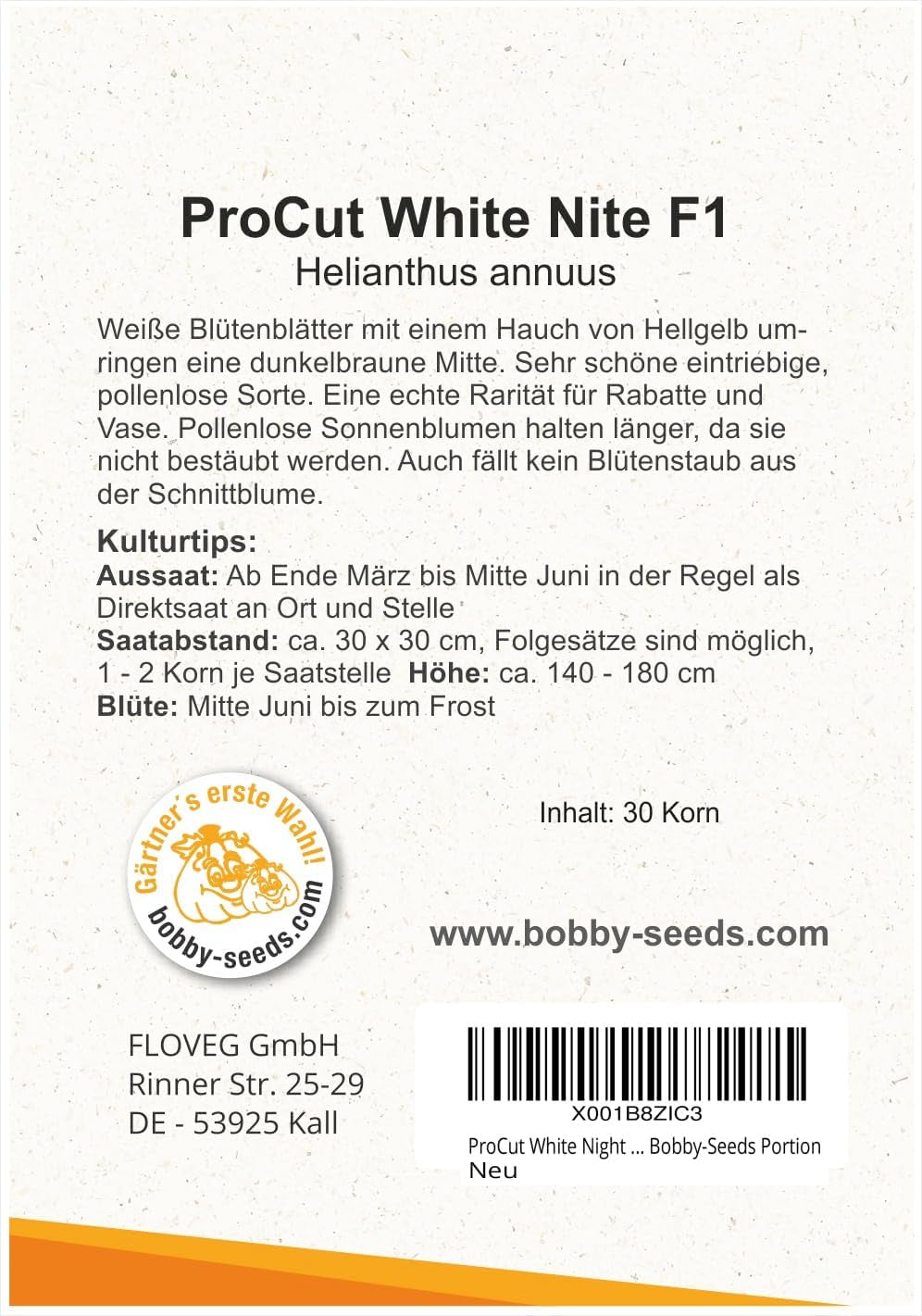 Procut White Night F1 Sonnenblumensamen Von Bobby-Seeds Portion
