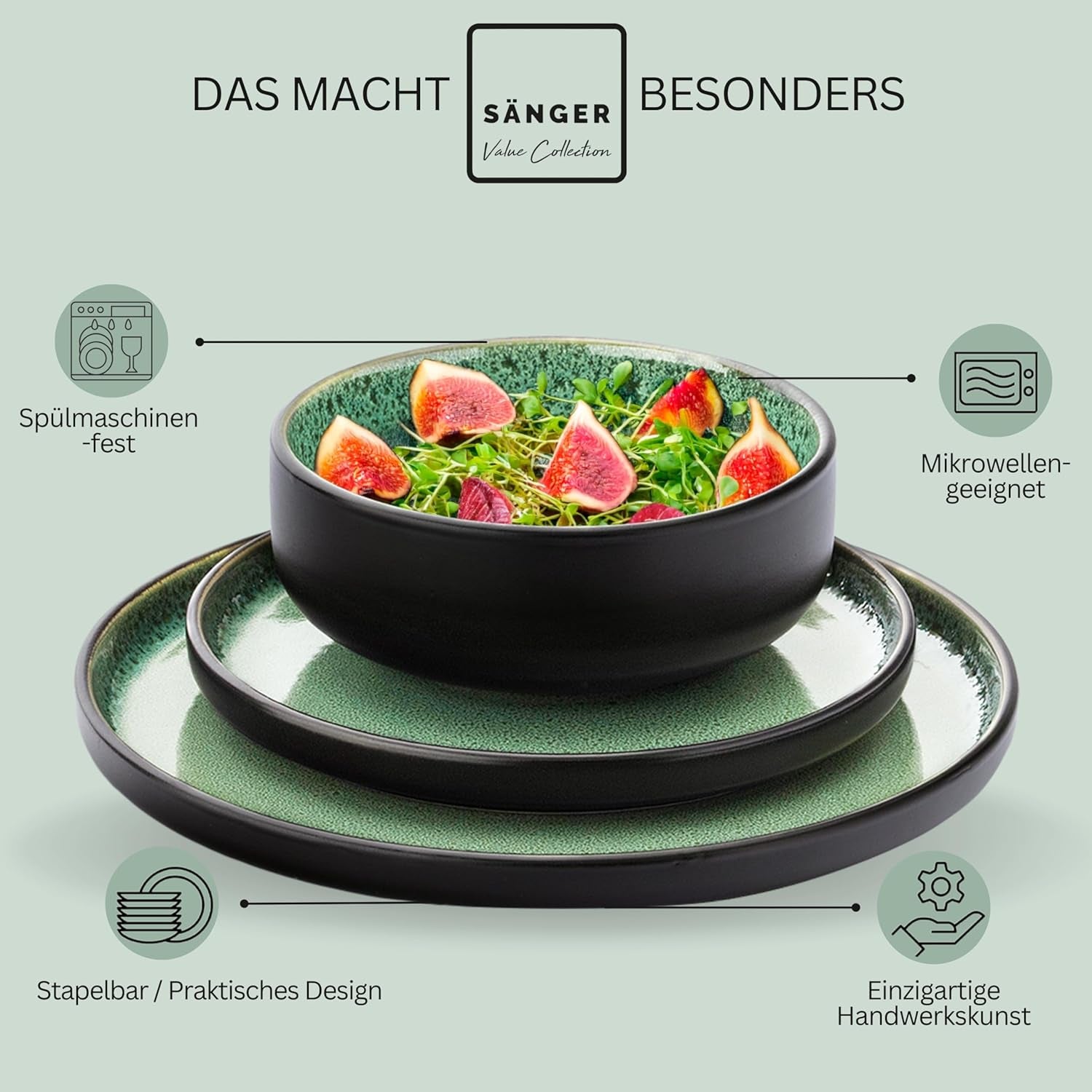 SÄNGER Greenwich | Service de table en grès, 18 pièces, service d'assiettes pour 6 personnes, service de table (6 assiettes plates, 6 assiettes à dessert, 6 bols), vert, résistant aux rayures, vaisselle | LA COLLECTION VALEUR