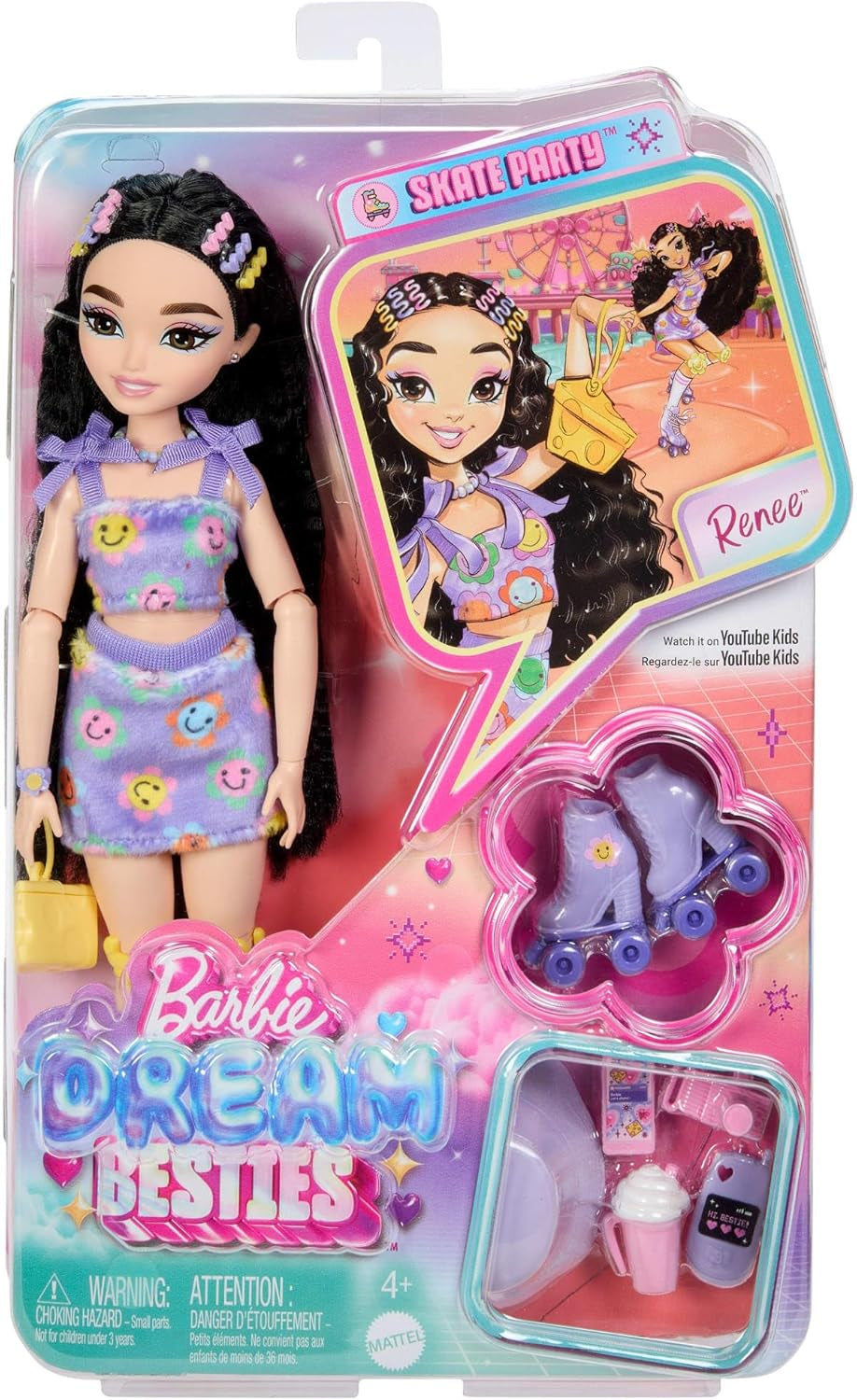 Dream Besties Poupée Barbie et accessoires, poupée Barbie Renee tendance avec patinage à roulettes et cheveux noirs, 12 accessoires thématiques avec vidéos et nourriture, JFX99