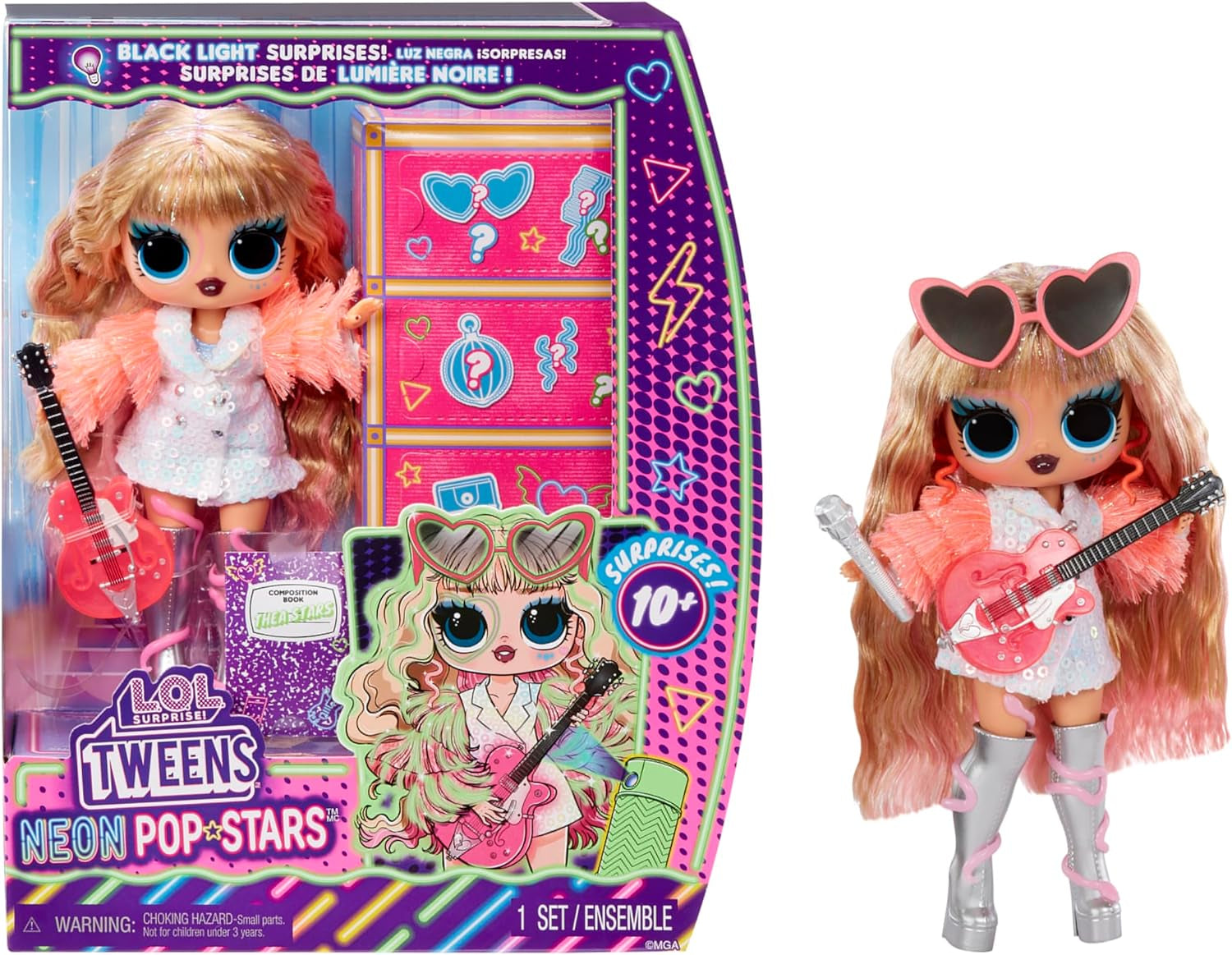 MDR. Surprendre! Tweens Neon Pop Stars - Kitty K - 1 poupée de mode avec surprises rétro-éclairées et plus de 10 vêtements et accessoires Pop Star, y compris un support de micro rétro, conçu pour les enfants de 4 ans et plus
