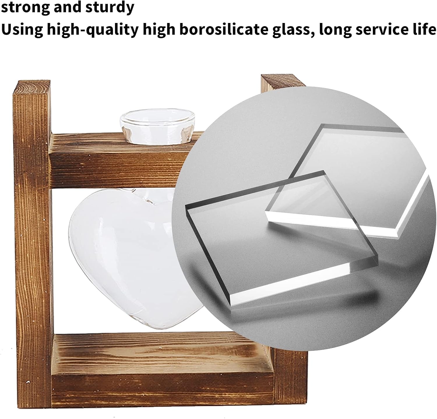 Terrarium de plantes sur support en bois, vase de table en forme de cœur, plantes hydroponiques en verre transparent pour la décoration de jardin de la maison, décoration florale hydroponique pour bureau, salon, cuisine (A)