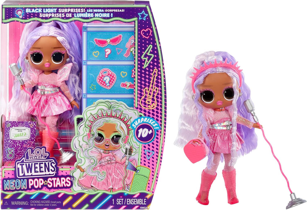 MDR. Surprendre! Tweens Neon Pop Stars - Kitty K - 1 poupée de mode avec surprises rétro-éclairées et plus de 10 vêtements et accessoires Pop Star, y compris un support de micro rétro, conçu pour les enfants de 4 ans et plus