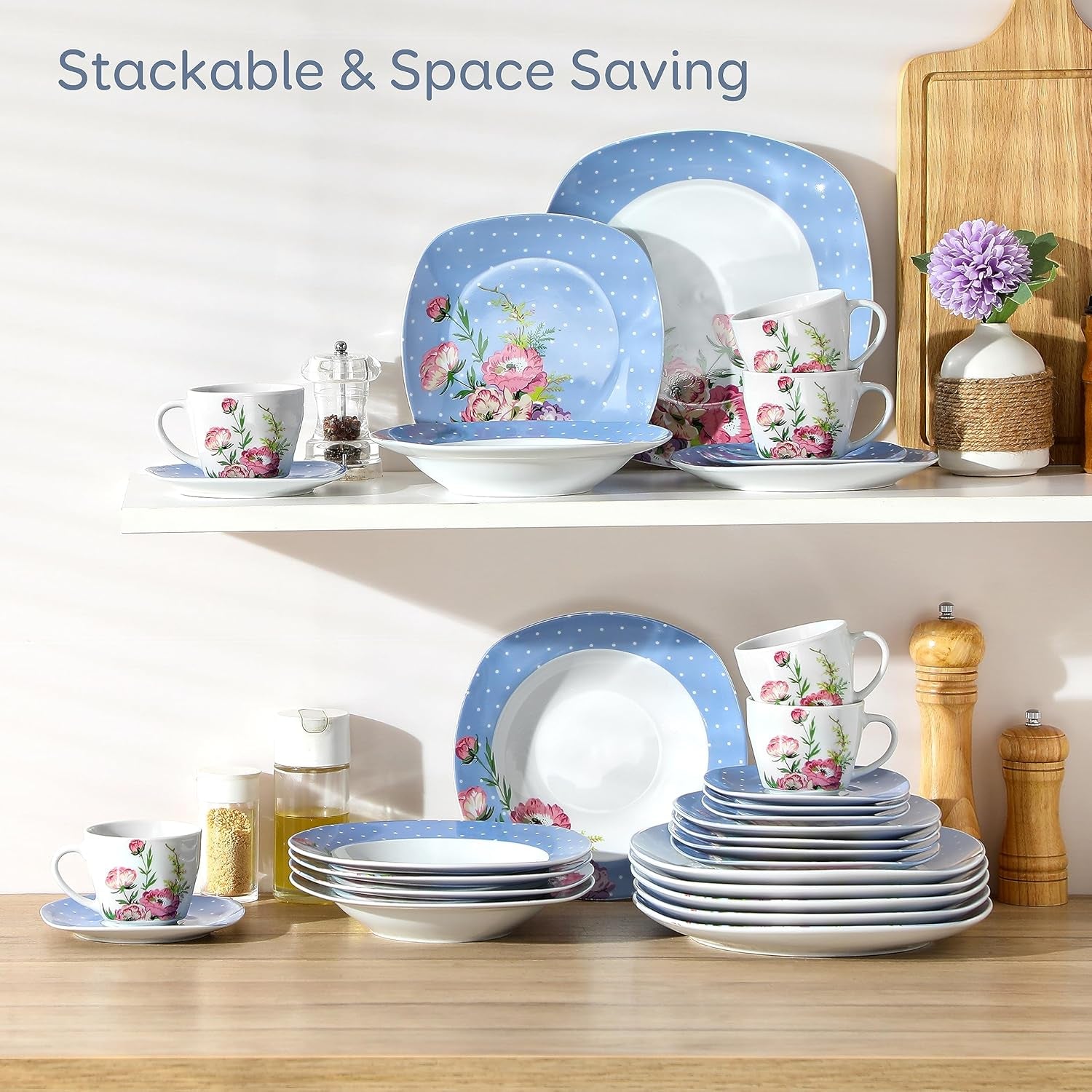 VEWEET Service de table combiné en porcelaine, 30 pièces pour 4 à 12 personnes, série Hannah, assiettes plates, assiettes à dessert, assiettes creuses, tasses à café et soucoupes