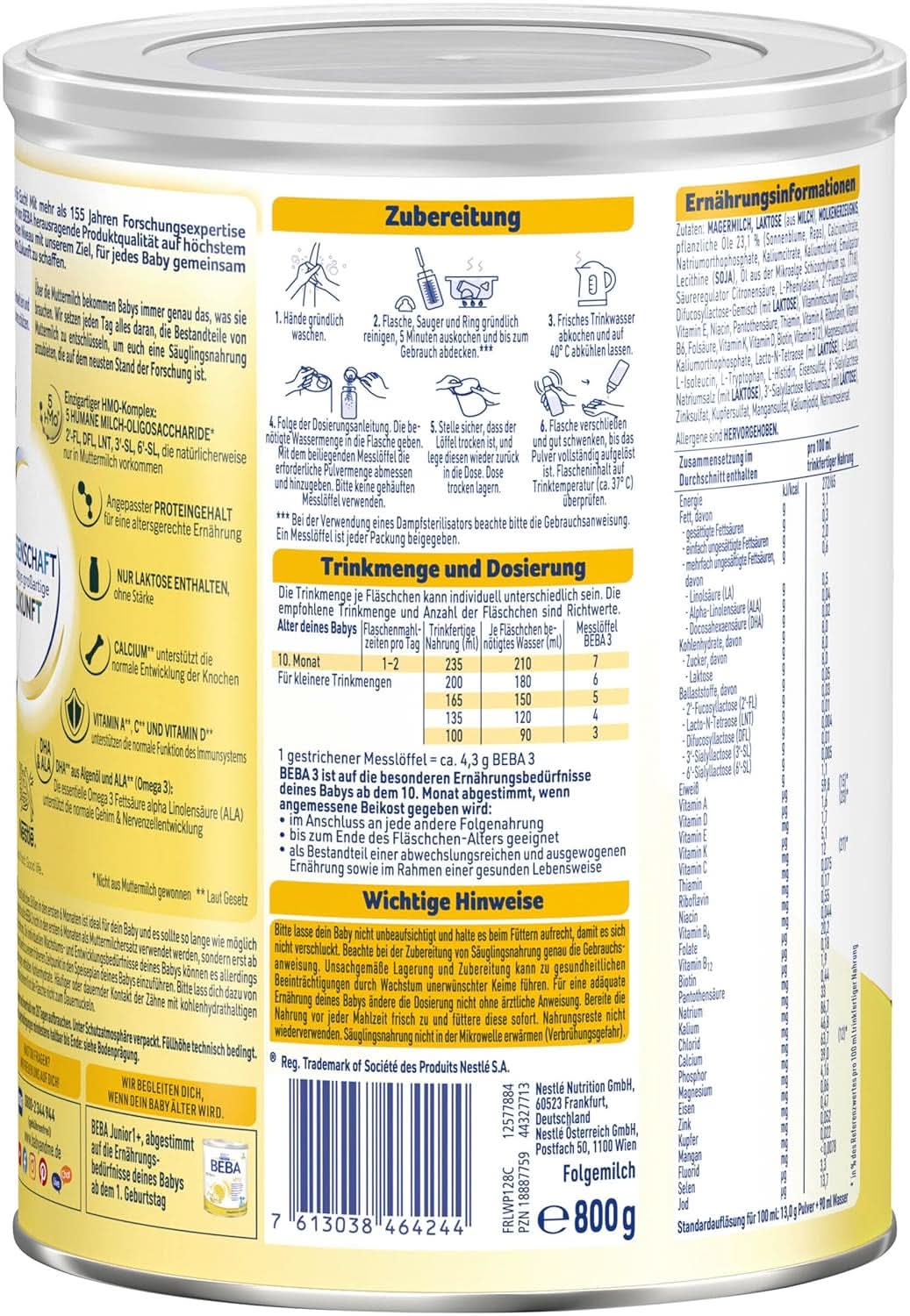 Nestlé BEBA 3 Lait de suite en poudre, préparation de suite à partir de 10 mois, pack de 3 (3 X 800G) Mère et Enfant Naty Shop