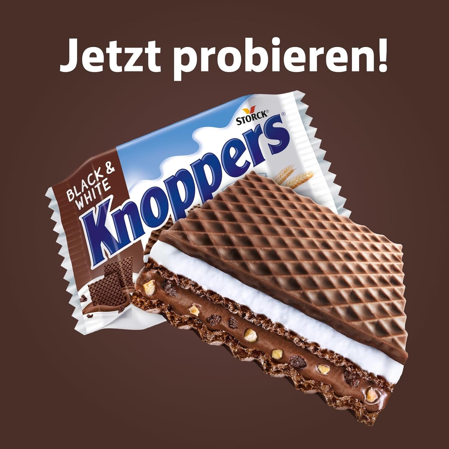 Knoppers Blancs et Noirs – 8 x 25g – Tranches de gaufrettes fourrées de gaufrettes au cacao noir, morceaux de biscuits noirs, lait et crème de nougat