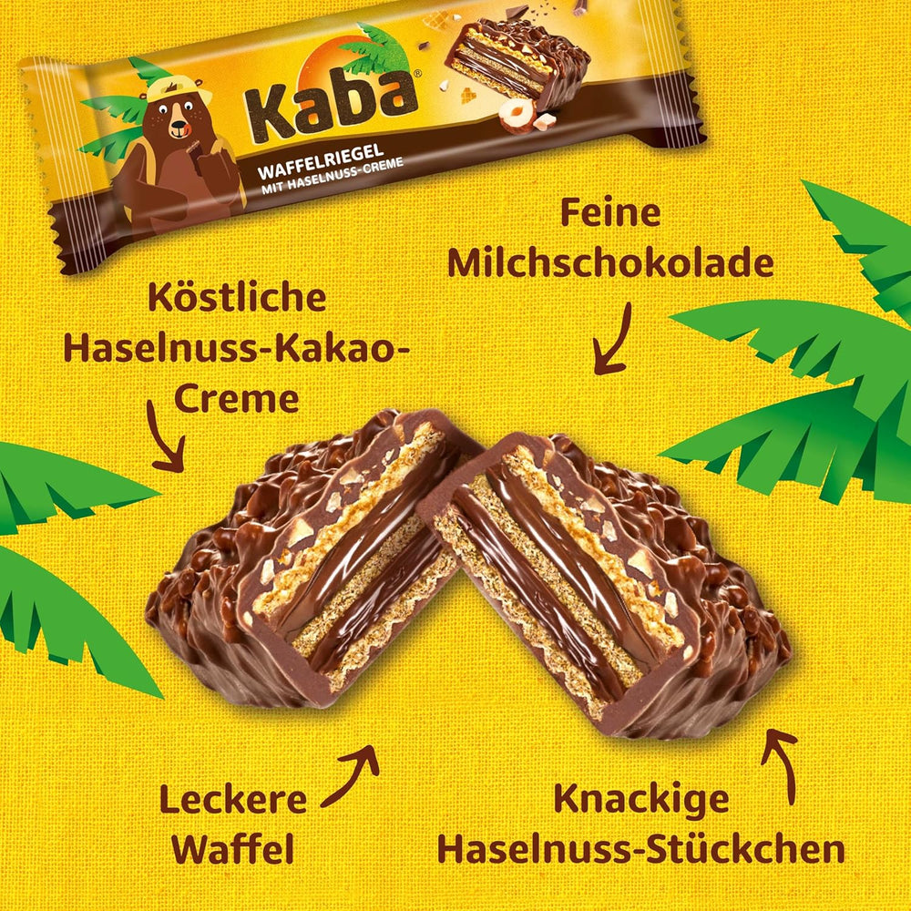 Barres napolitaines Kaba 40g, 4 barres croquantes fourrées de gaufrettes et de fine crème de noisettes, en multipack au goût original Kaba