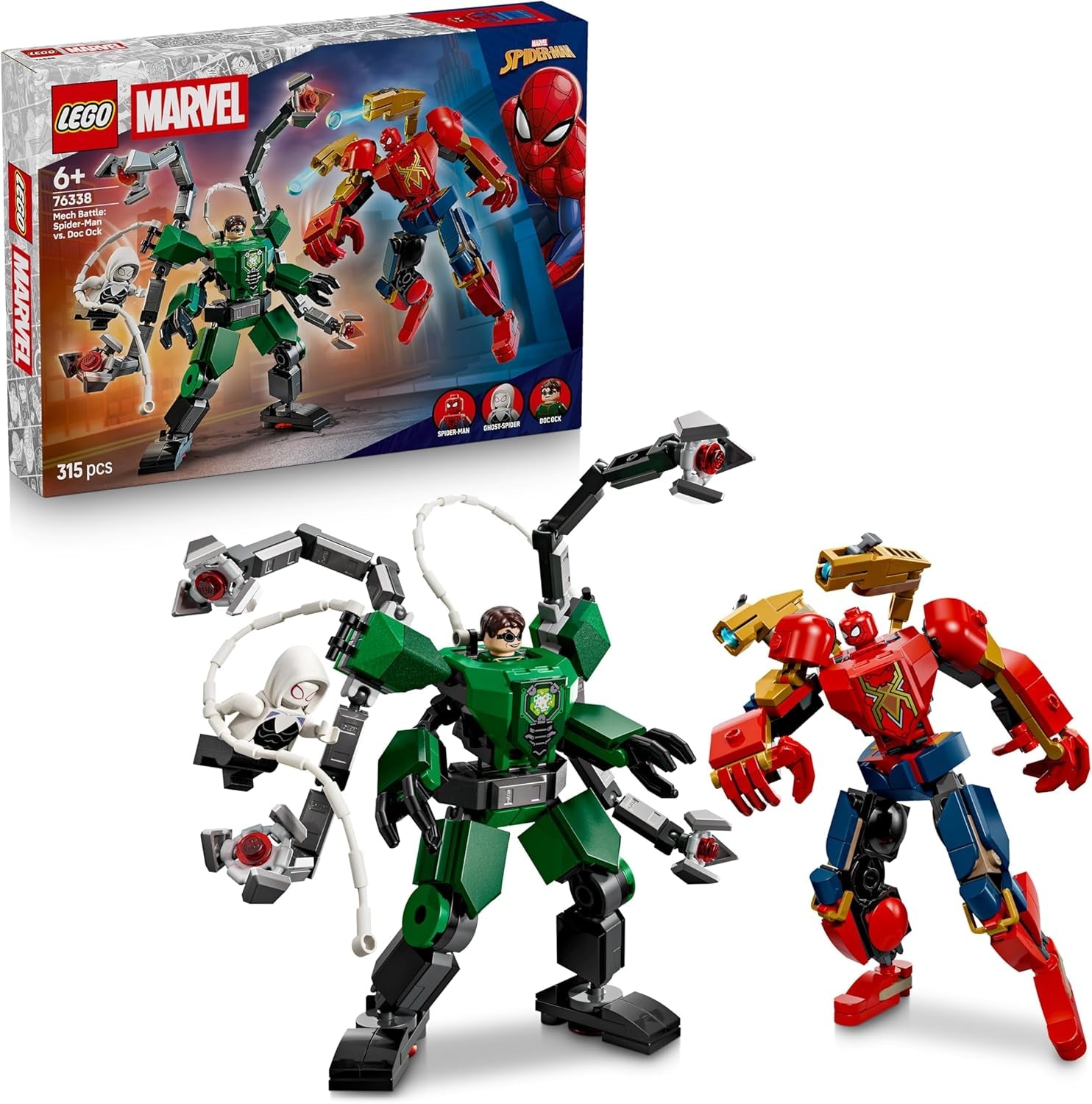 LEGO | Mech-Duell: Spider-Man vs. Doc Ock - Superhelden Spielzeug mit 2 Actionfiguren, 3 Minifiguren, Shootern - Konstruktionsspielzeug für Kinder - Geschenk für Jungen ab 6 Jahren und Mädchen - 76338