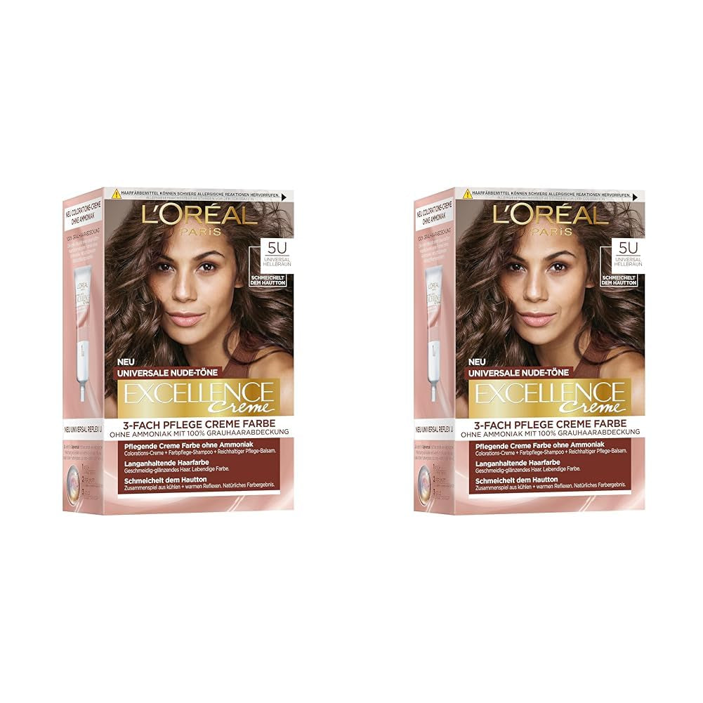 L'Oréal Paris Teinture capillaire permanente pour toutes les carnations, coloration sans ammoniaque, tons nude universels avec couverture complète des cheveux gris, Excellence Creme, no. 5U Châtain Clair (Marron), 1 pc Naty Shop Teinture Capillaire 5U 192 G (Pack de 2)