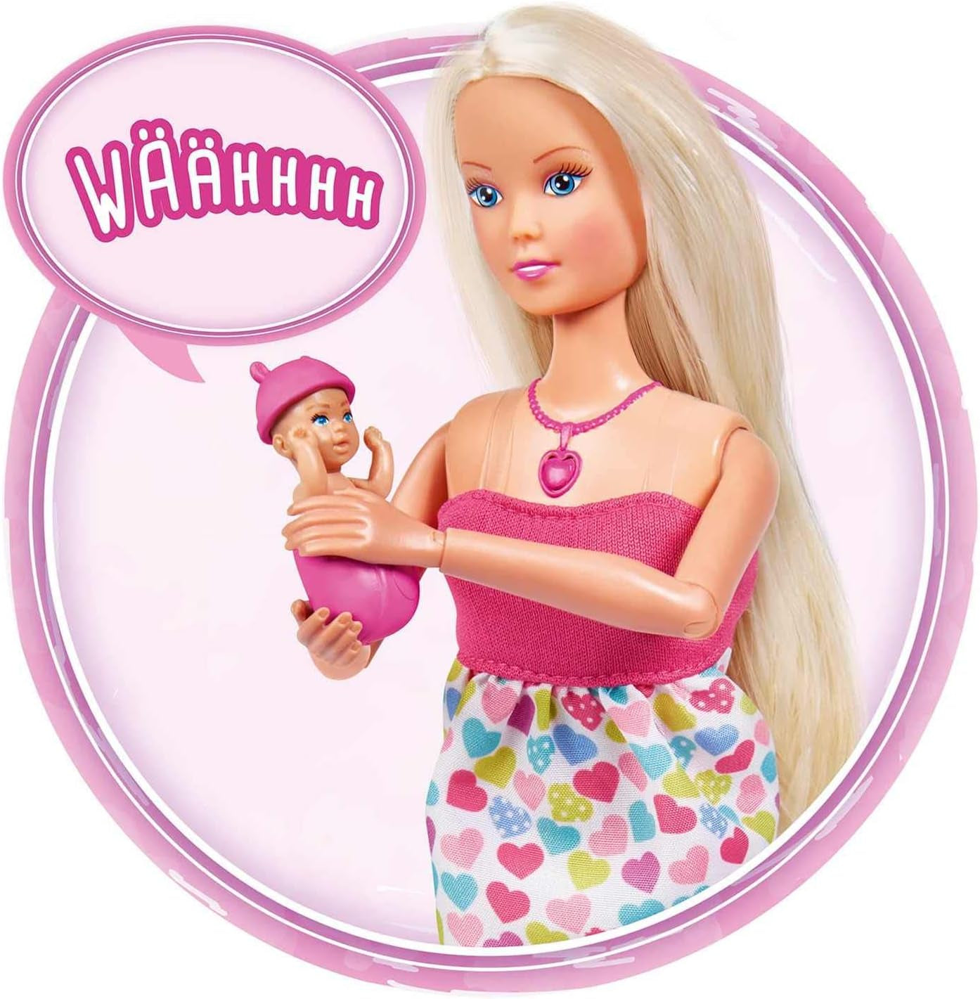 Simba 105733480 - Sac à dos pour bébé Steffi Love, poupée enceinte avec bébé et superbes sons, accessoires pour bébé et porte-bébé, poupées Naty Shop roses