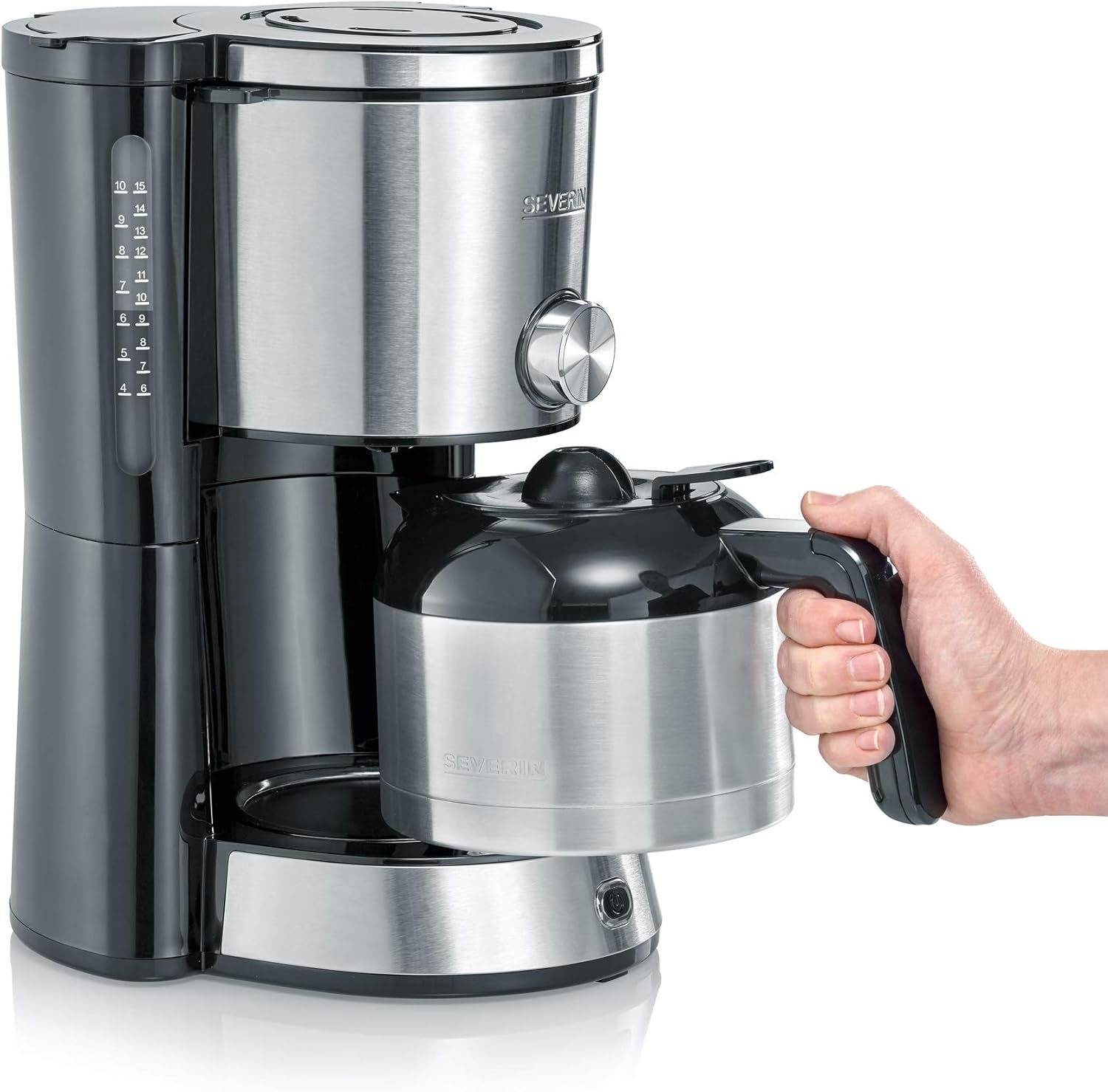 Machine à expresso SEVERIN "TypeSwitch" avec carafe thermique, AromaSwitch pour choisir entre 2 profils de distribution, machine à café jusqu'à 10 tasses, 1000W, acier inoxydable brossé-noir, KA 4845