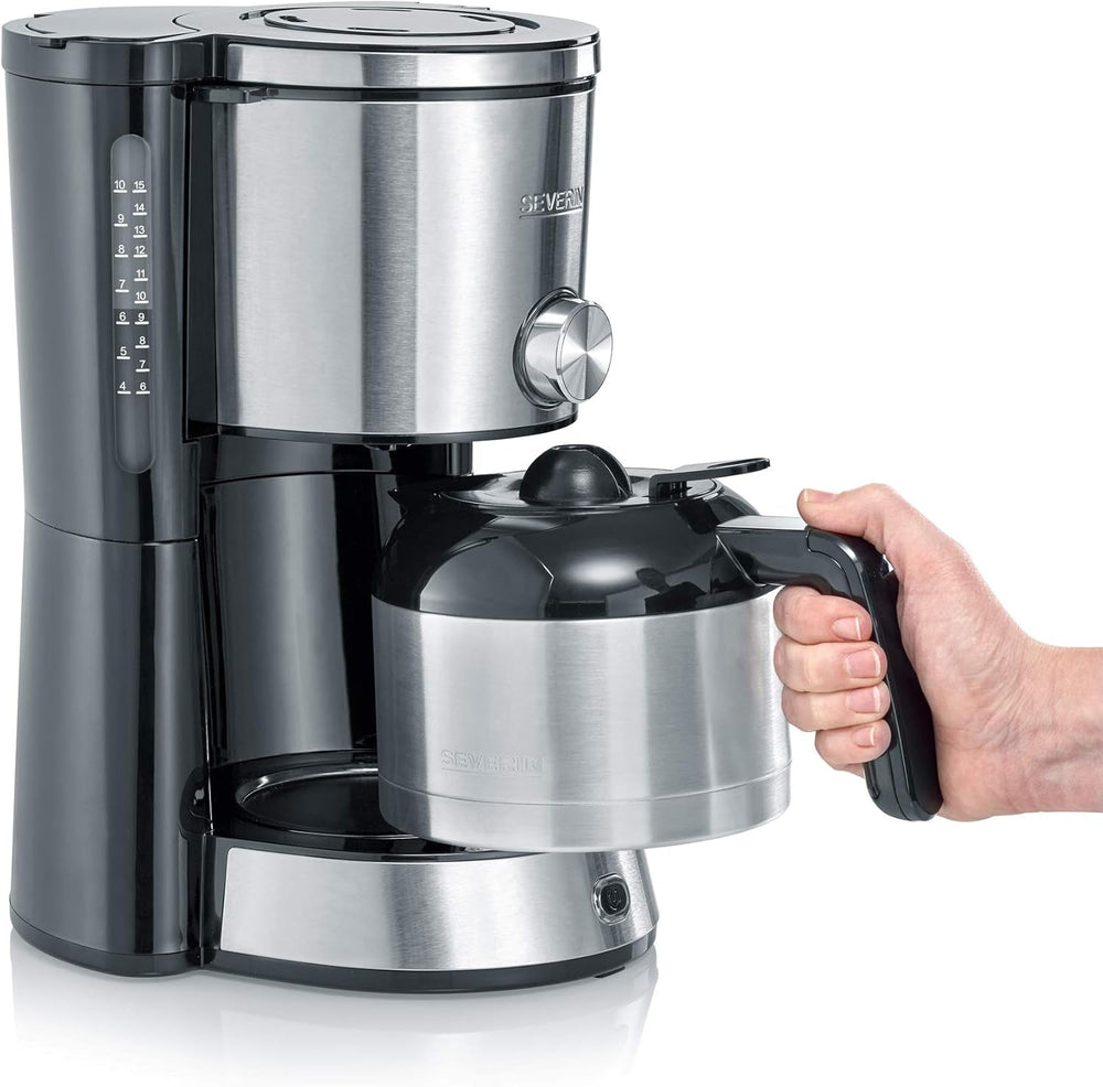 Machine à expresso SEVERIN "TypeSwitch" avec carafe thermique, AromaSwitch pour choisir entre 2 profils de distribution, machine à café jusqu'à 10 tasses, 1000W, acier inoxydable brossé-noir, KA 4845