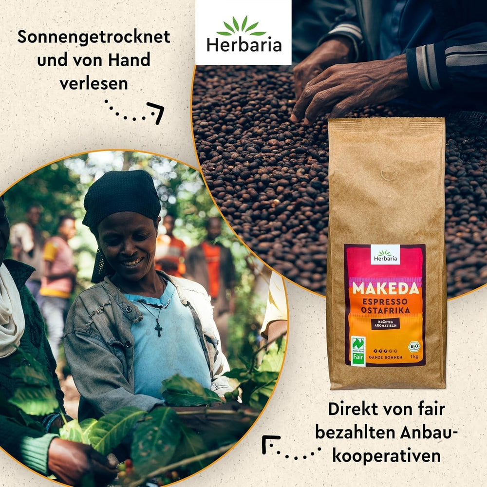 Herbaria MAKEDA Espresso En Grains Bio 1Kg - Certifié Naturland Fair d'Afrique de l'Est - Arômes torréfiés avec cacao et notes de bois de chêne - grains de café biologiques parfaits pour les filtres portables et les machines à café automatiques Cafea Naty Shop