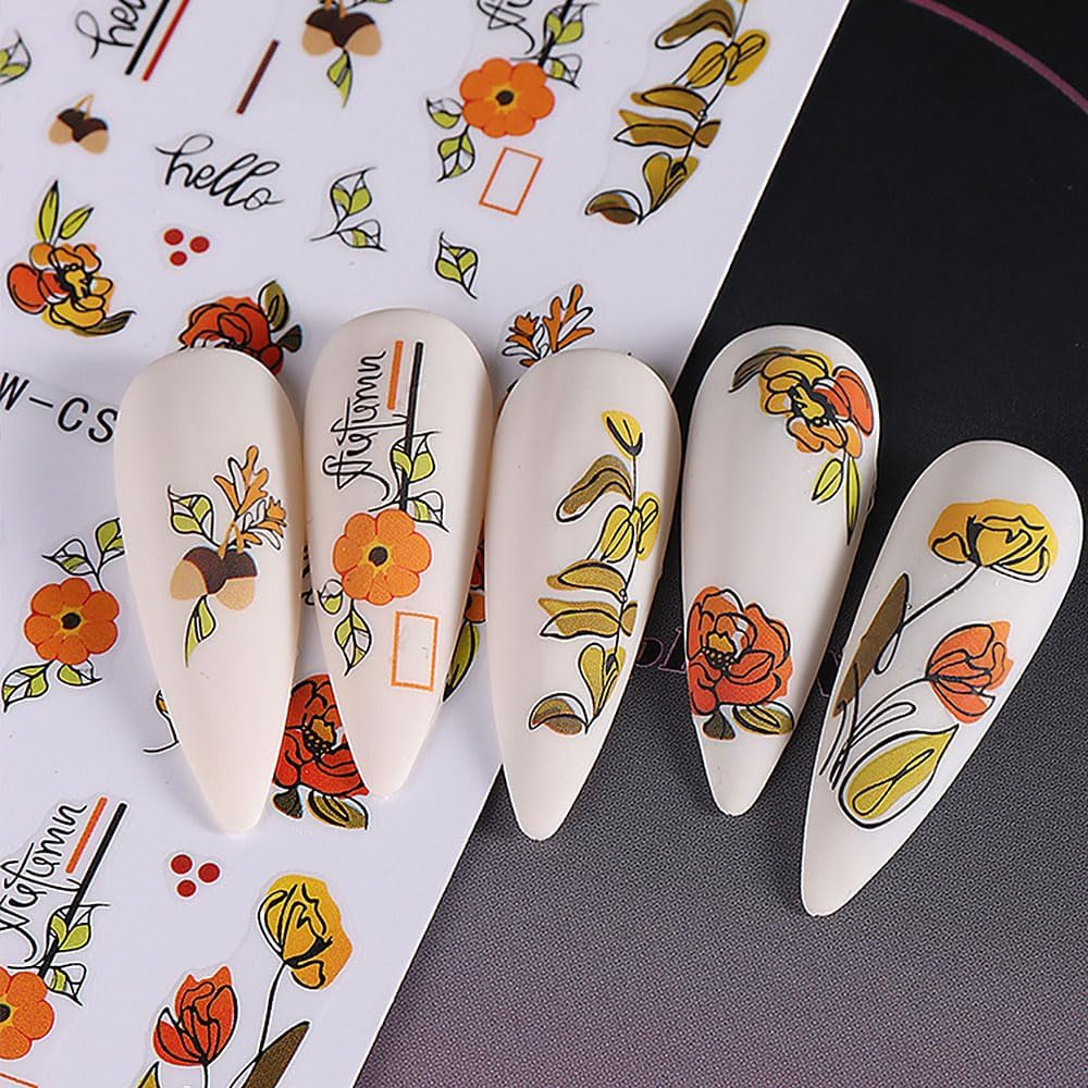 Autocollants pour ongles d'automne 3D, feuilles de citrouille, lignes géométriques, fleurs, autocollants pour ongles, Design du jour de Thanksgiving, autocollants pour ongles d'automne, accessoires pour ongles, Nail Art