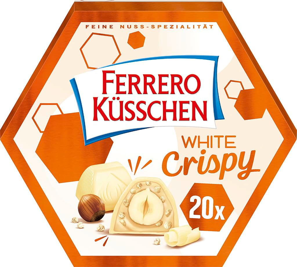 Ferrero Küsschen White Crispy - Cadeau de Saint-Valentin pour elle et lui - Noisettes grillées croustillantes à la crème légère avec éclats croustillants, enrobées de chocolat blanc, 1 paquet de 20 pralines individuelles