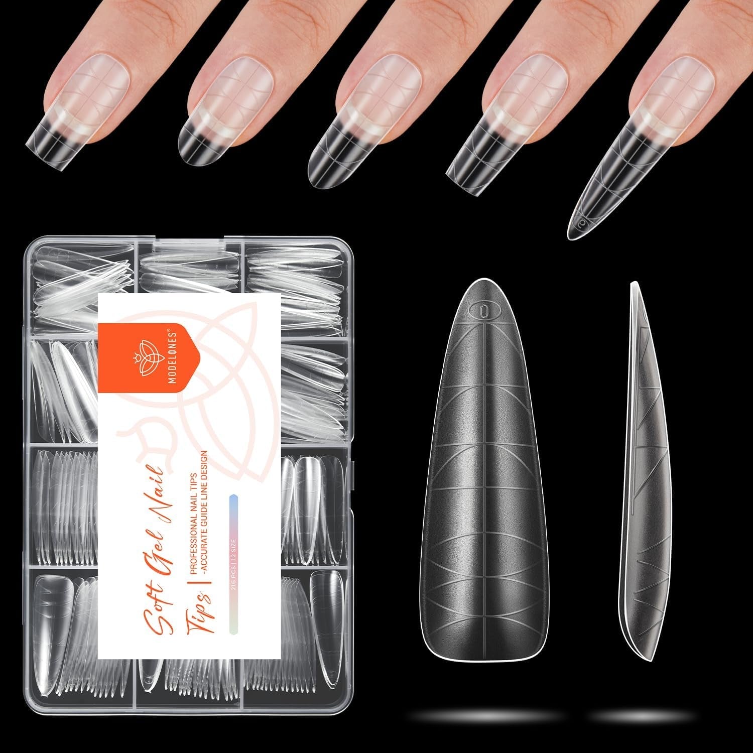 Modelones Nail Tips 216 pièces – Ensemble de pointes d'ongles à couverture complète, ensemble de pointes en gel souple, pointes d'ongles en résine PMMA pré-polissage, colle DIY sur ongles artificiels Nail Art, amandes courtes XS
