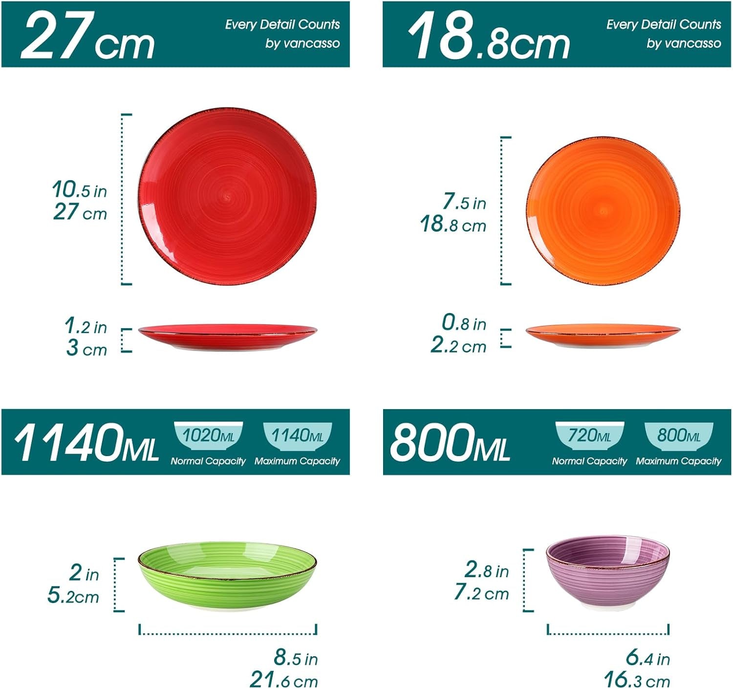 Service de table pour 6 personnes, Vancasso Bonita, service de table 24 pièces en porcelaine, service de table moderne, 6 assiettes plates, 6 assiettes à salade, 6 assiettes creuses et 6 bols