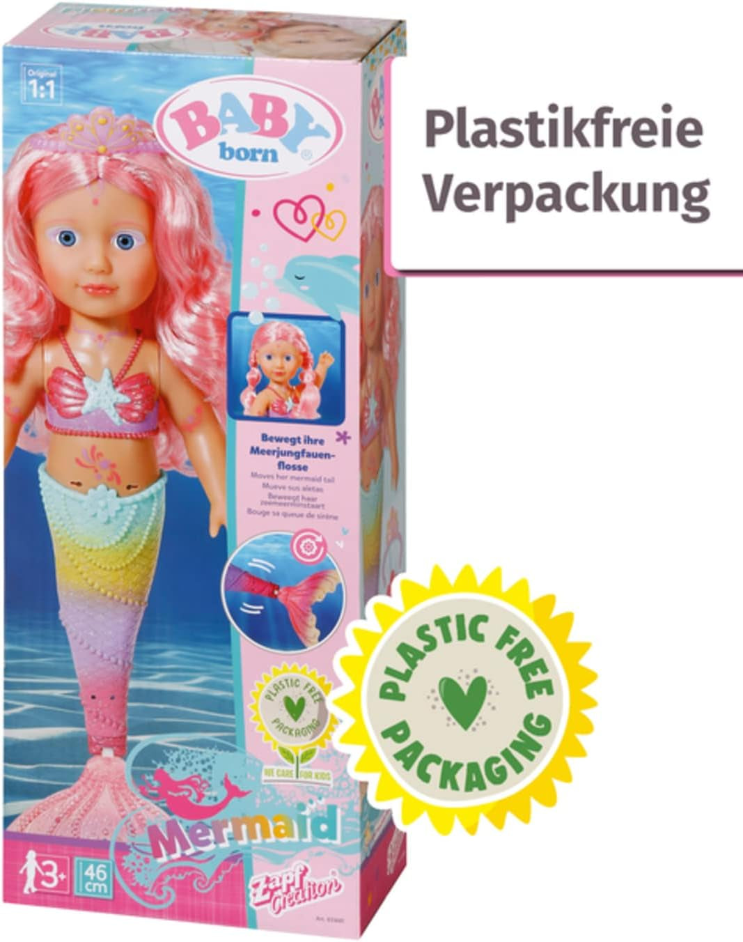 BABY Born Little Sister Mermaid 46 cm Poupée sirène imperméable avec cheveux longs et nageoire scintillante mobile, avec jouet. diadème et peigne, 833681 Zapf Creation Dolls Naty Shop