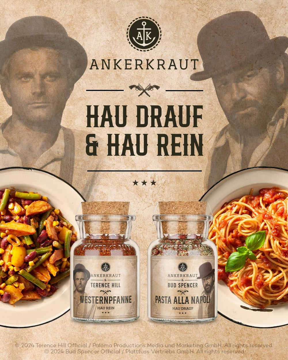 Ankerkraut Bud Spencer & Terence Hill Bagaluten Gewürz-Box, avec Westernpfanne et Pasta alla Napoli, Geschenk-Set, lecker kochen, 195 g Gewürze Inhalt