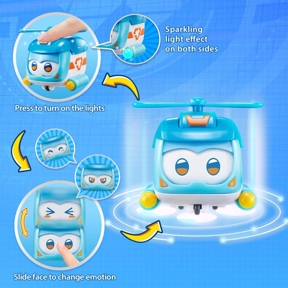 Super Wings Super Pets 4 PCS Shine, Golden Boy, Jerome, Ellie Expression faciale commutable Effet foudre Jouet portable pour 3 4 5 6 7 8 ans Garçon Fille Figurines d'action 2 pouces Naty Shop